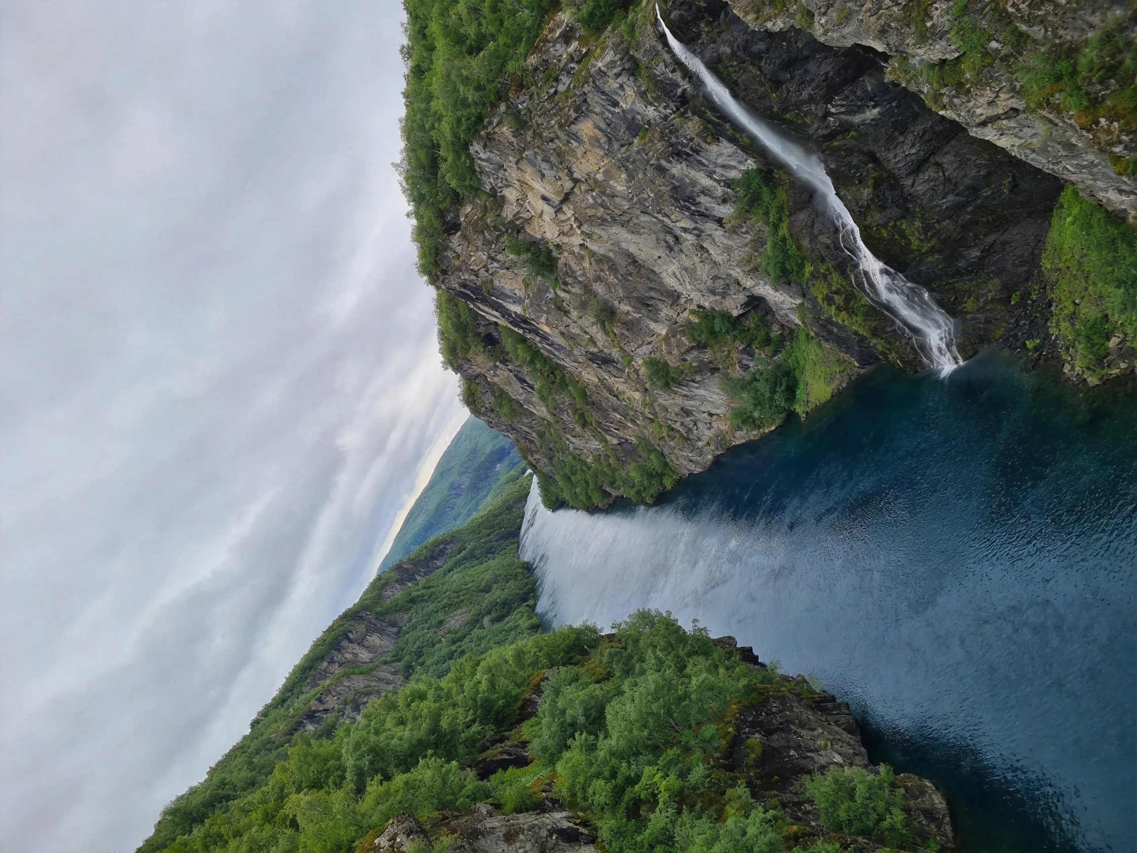 Tall cliffside waterfall pouring into deep blue pool amid lush greenery