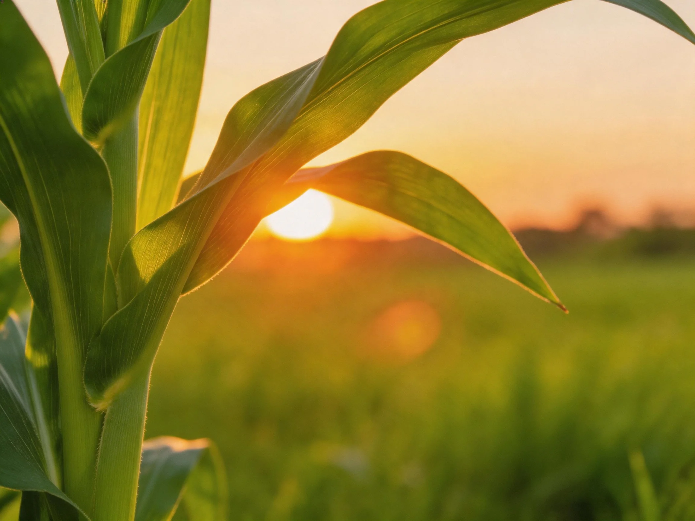 Tall corn stalks with green leaves near a golden sunset over a green field