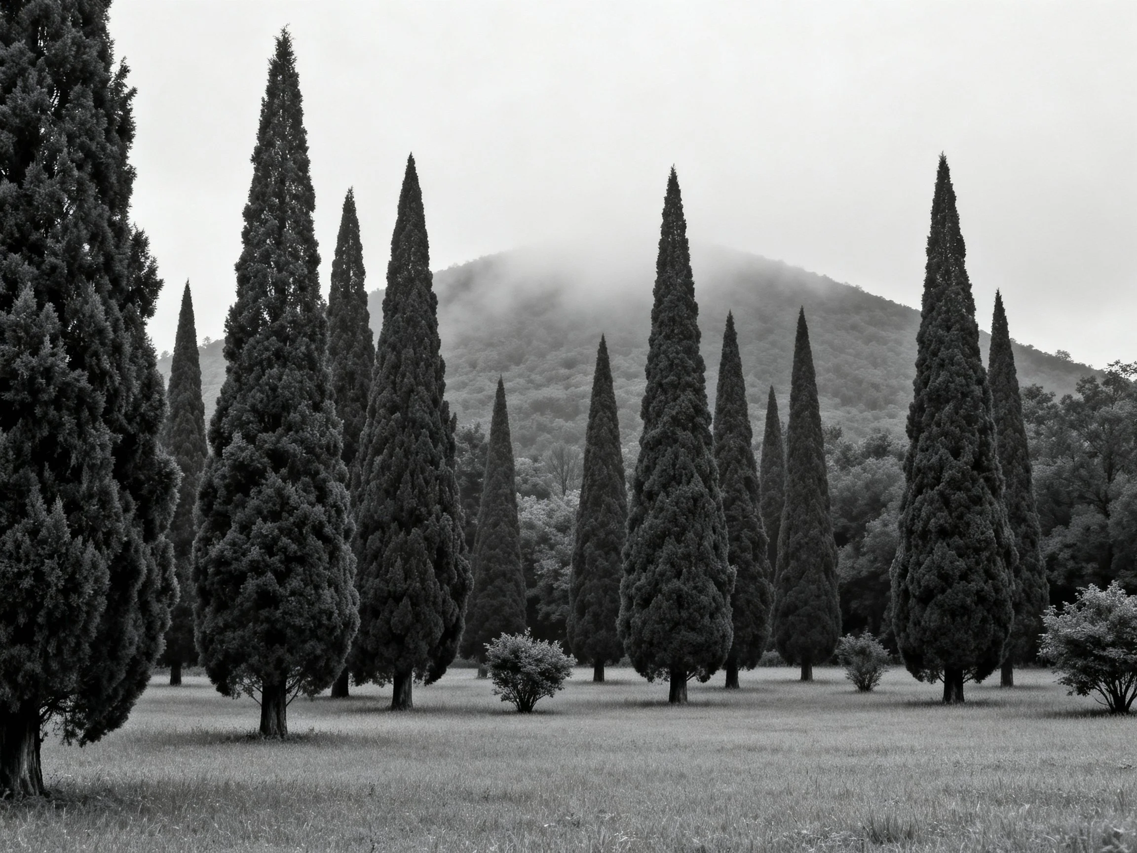 Tall cypress trees aligned in misty mountain landscape