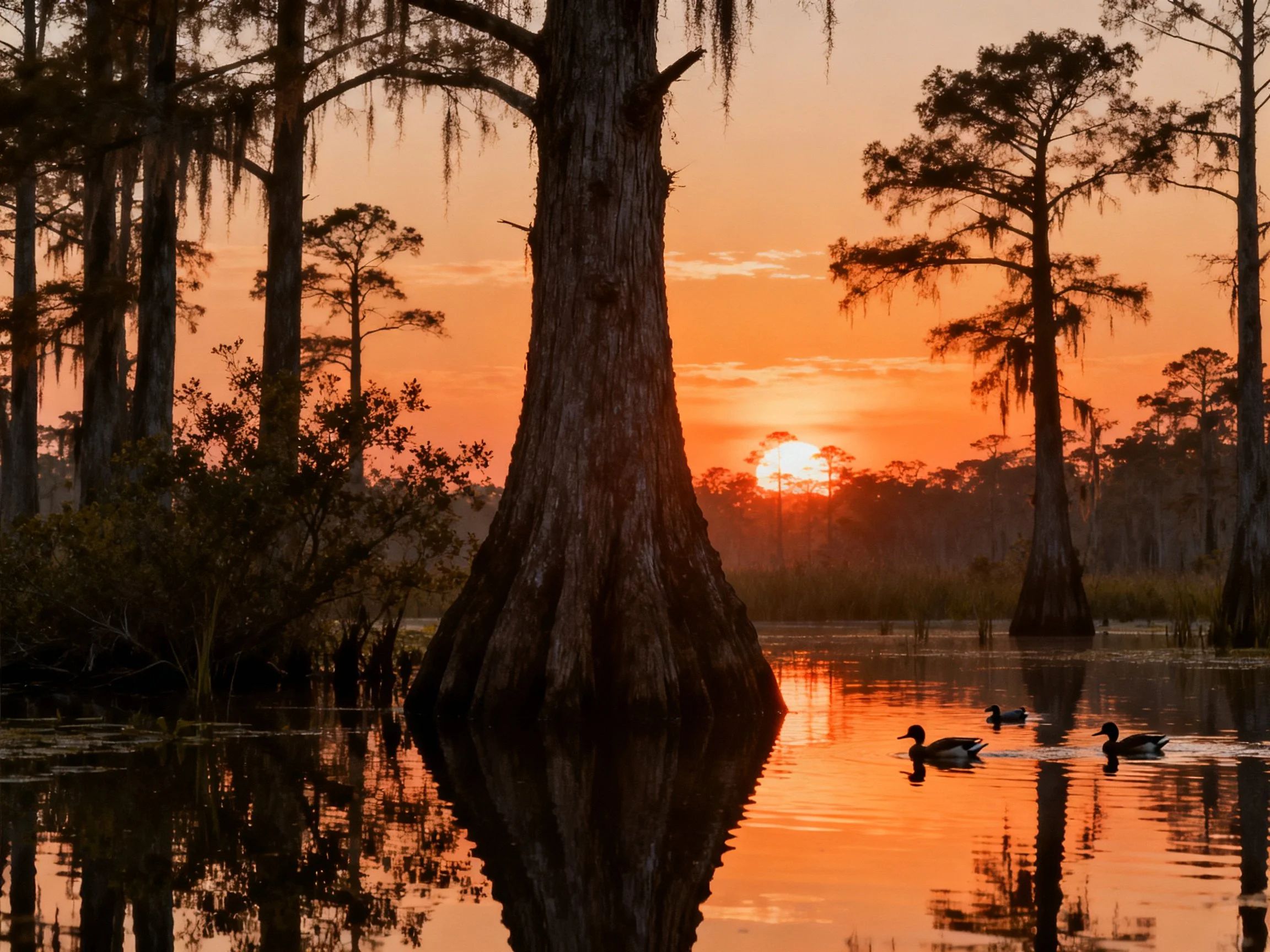 Tall cypress trees reflect in calm water during vibrant sunset