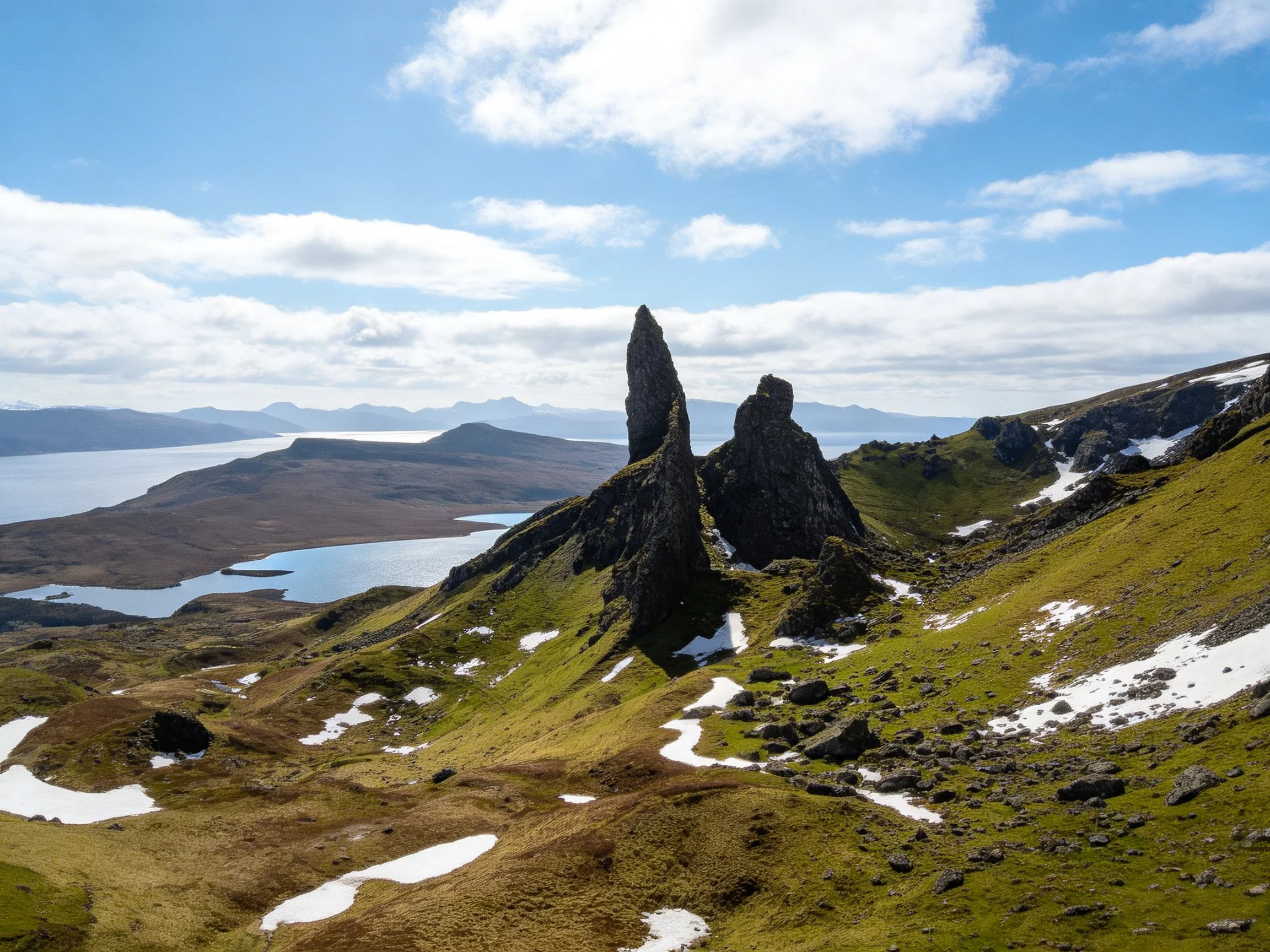 Tall dark rock spires atop green, snow-dotted hills near serene lakes