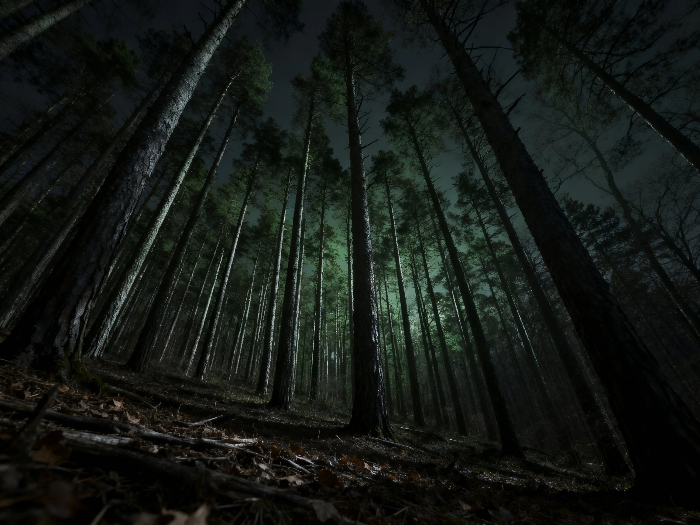 Tall dark trees in misty nighttime forest