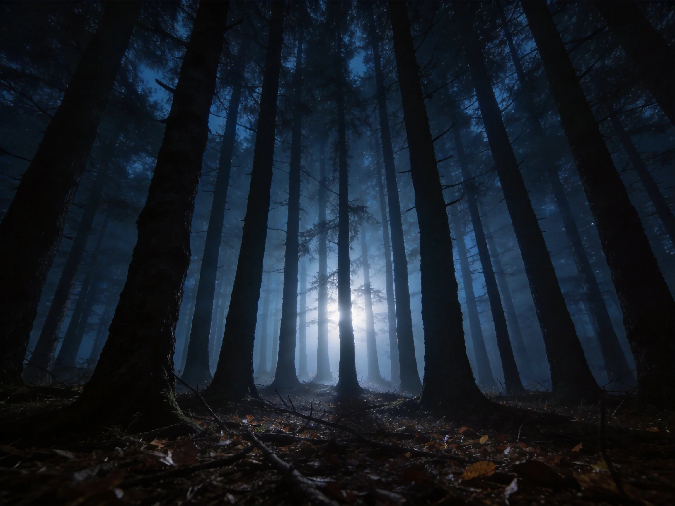 Tall dark-trunked trees form a misty blue forest with distant light