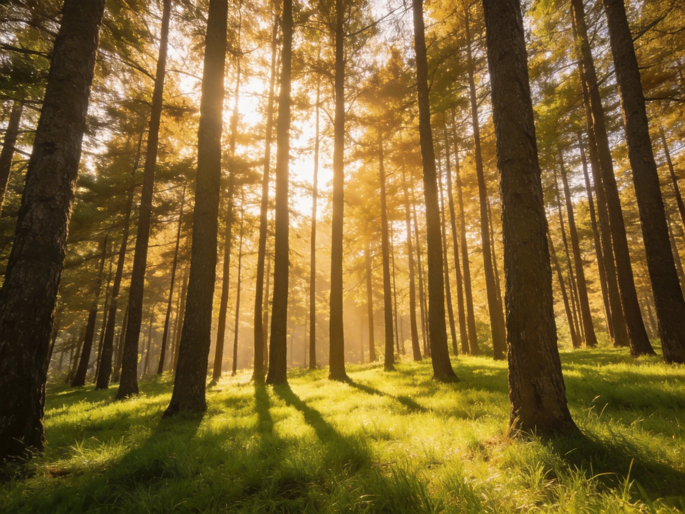 Tall dark trunks amid golden sunlight and lush green grass