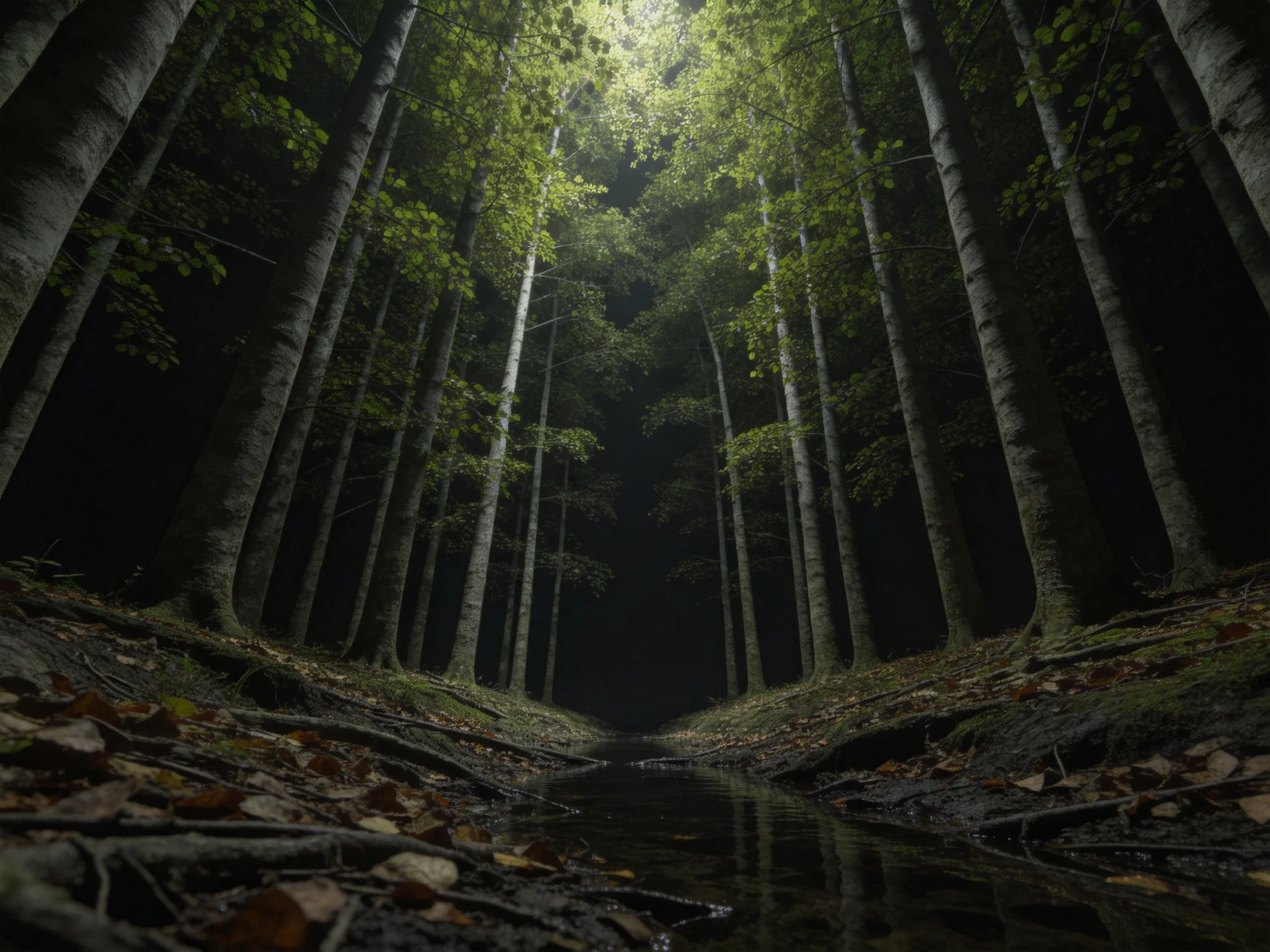 Tall dense forest with narrow stream and filtered sunlight