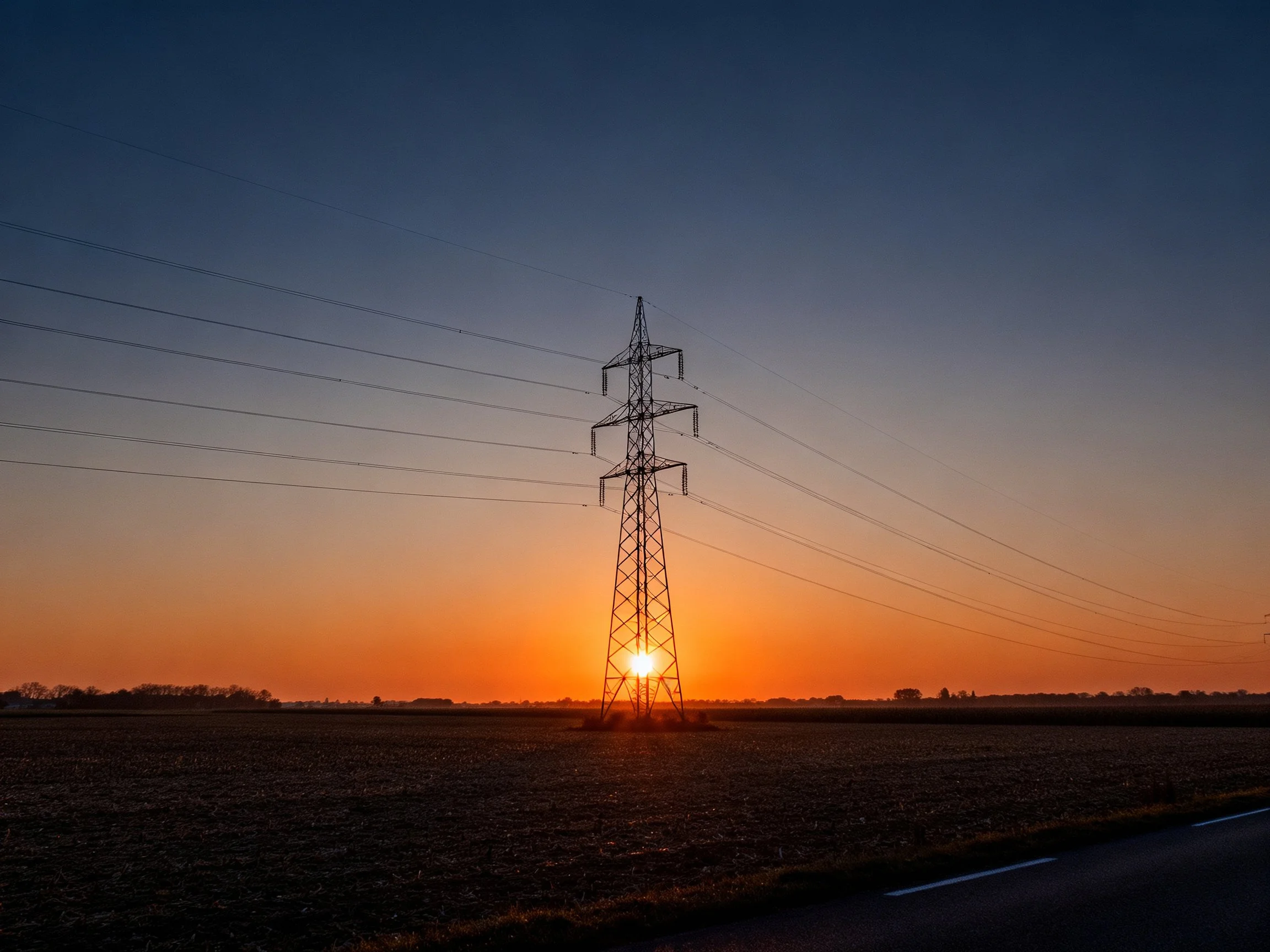 Tall electrical tower silhouetted by vibrant orange sunset over open fields