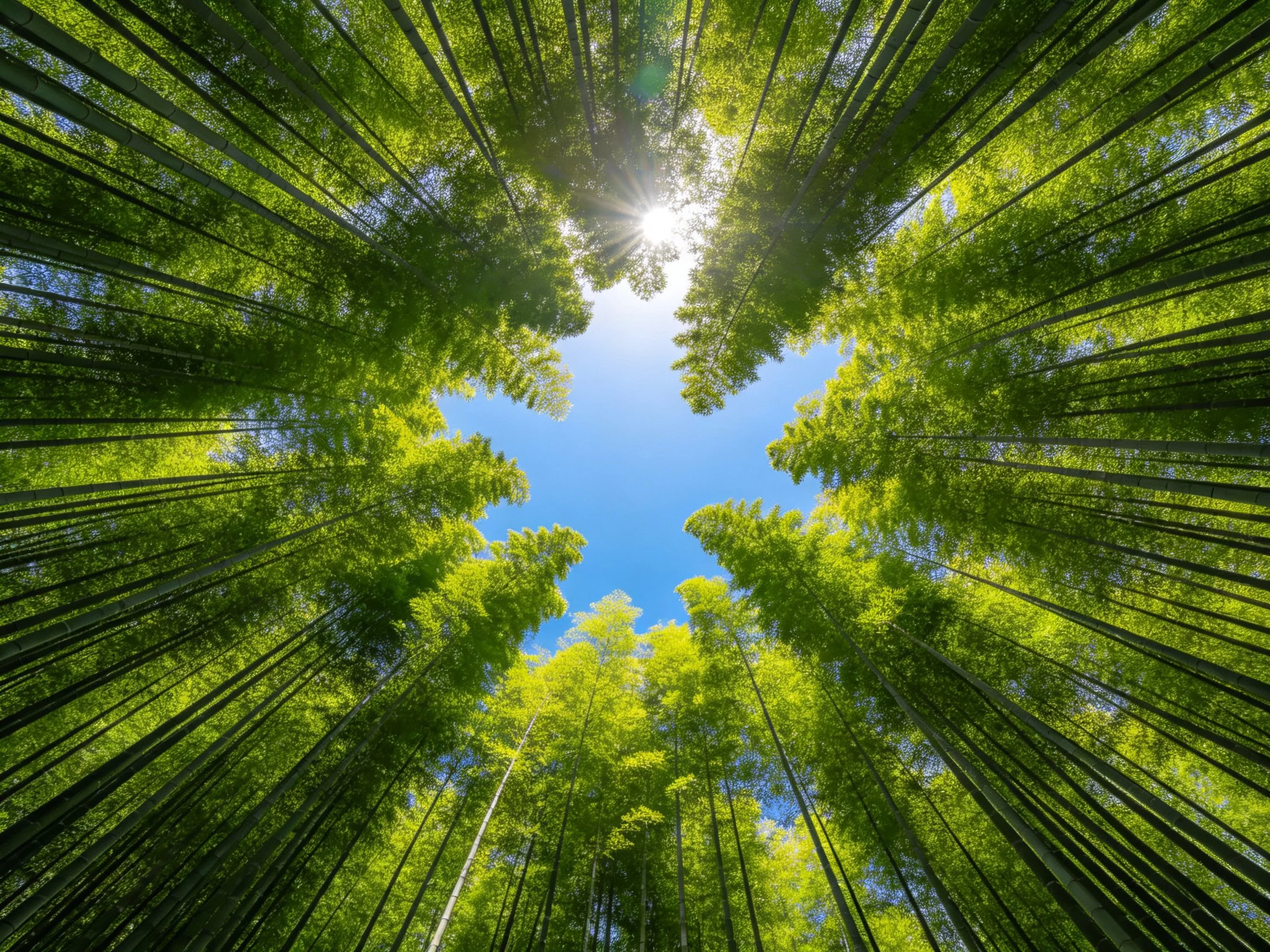 Tall emerald trees reaching toward brilliant blue sky