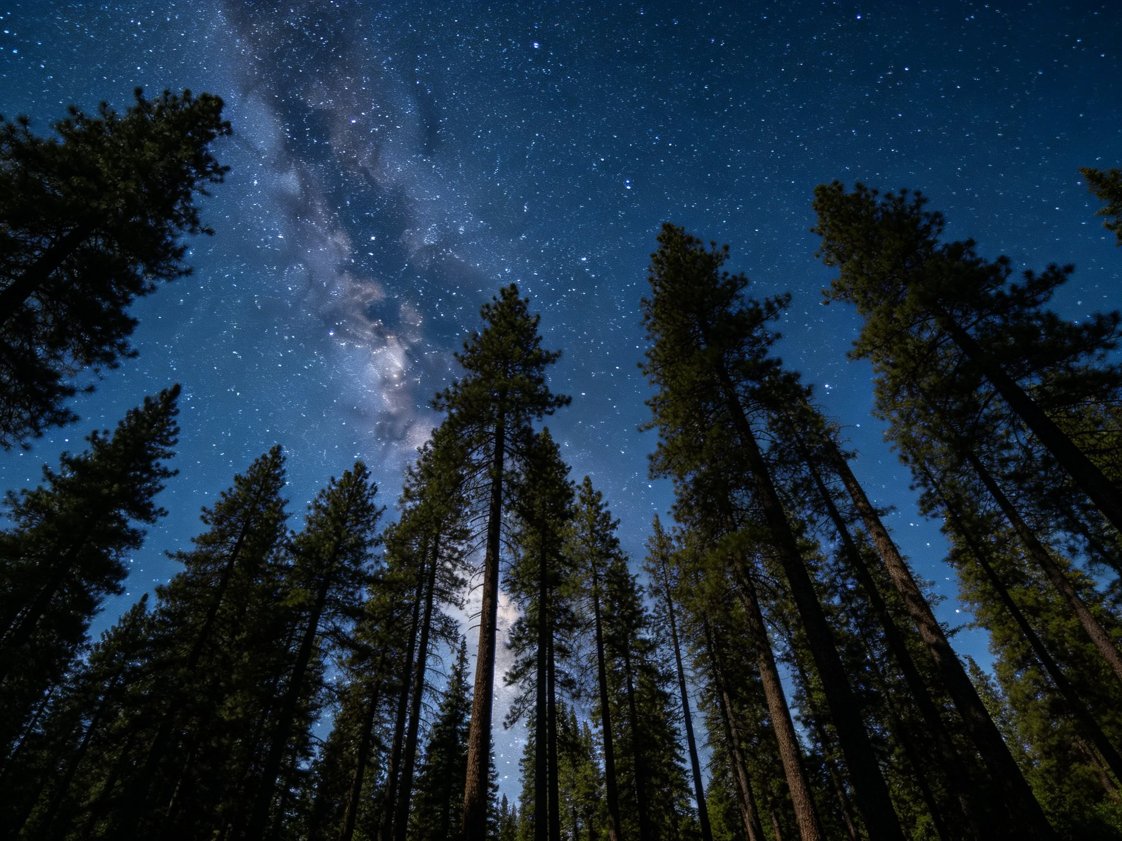 Tall evergreen forest reaching toward star-filled Milky Way night sky