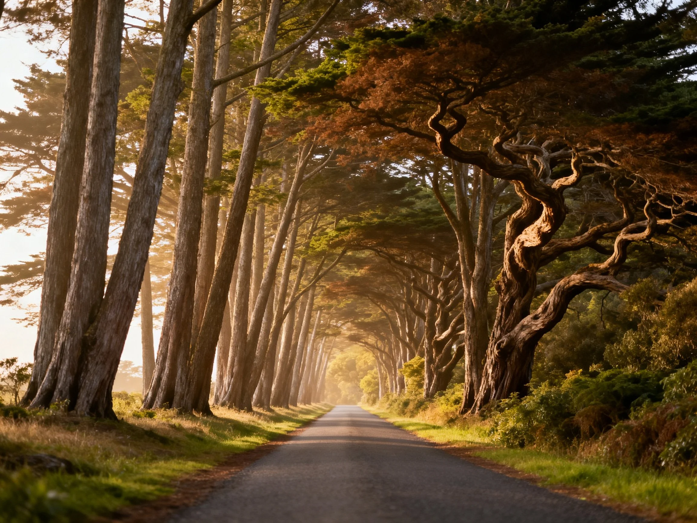 Tall evergreen trees arch over a winding forest road