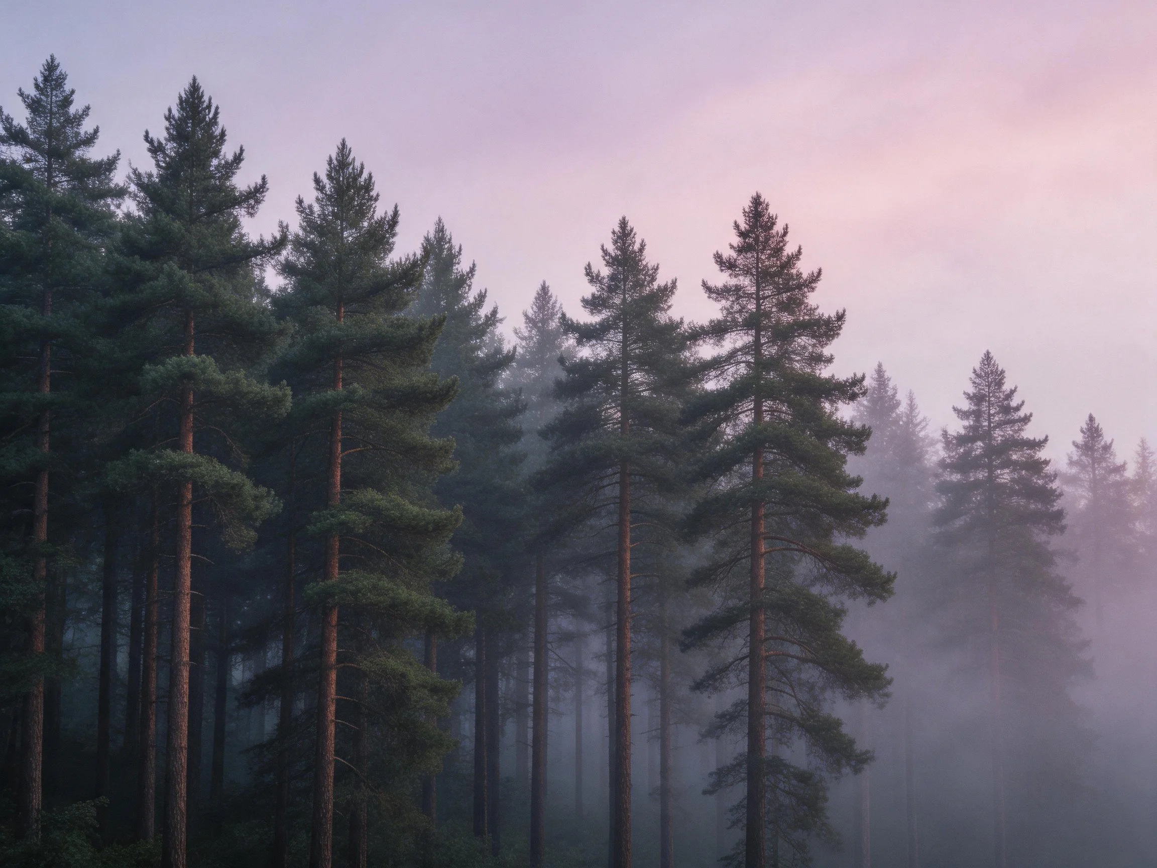 Tall evergreen trees in a misty forest with soft pink-purple sky