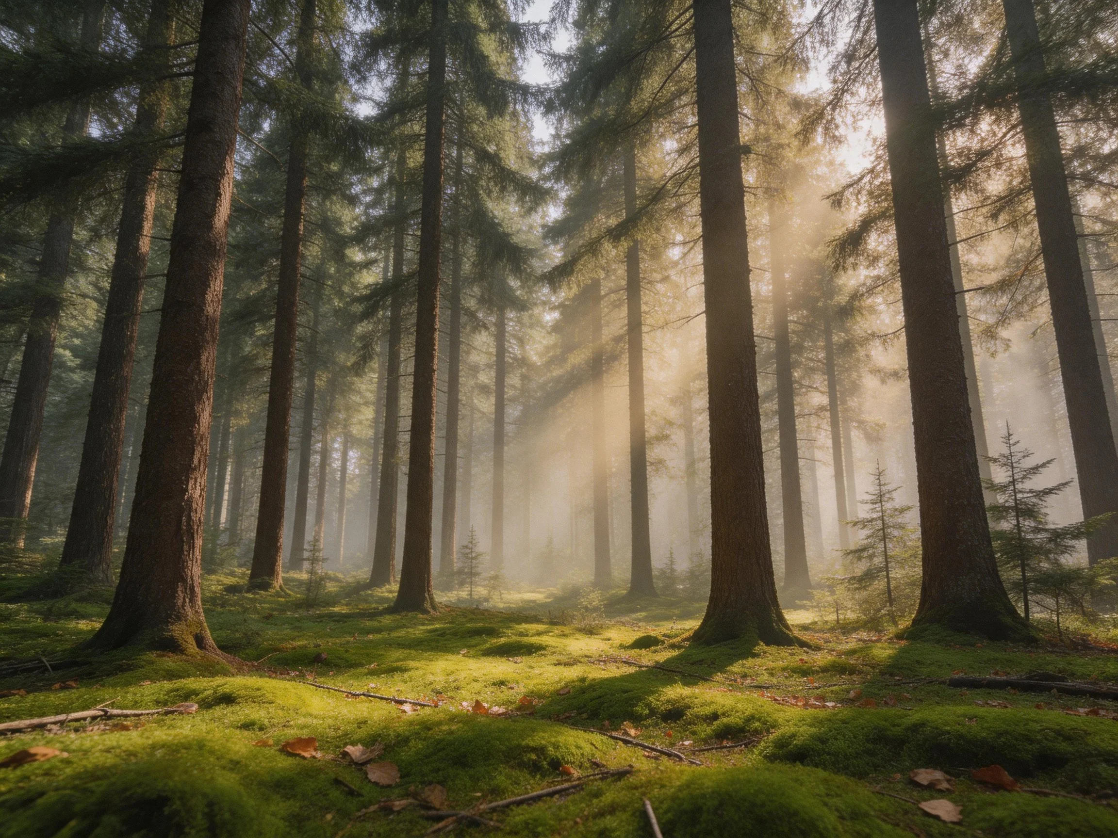 Tall evergreen trees in misty forest with golden sunlight beams