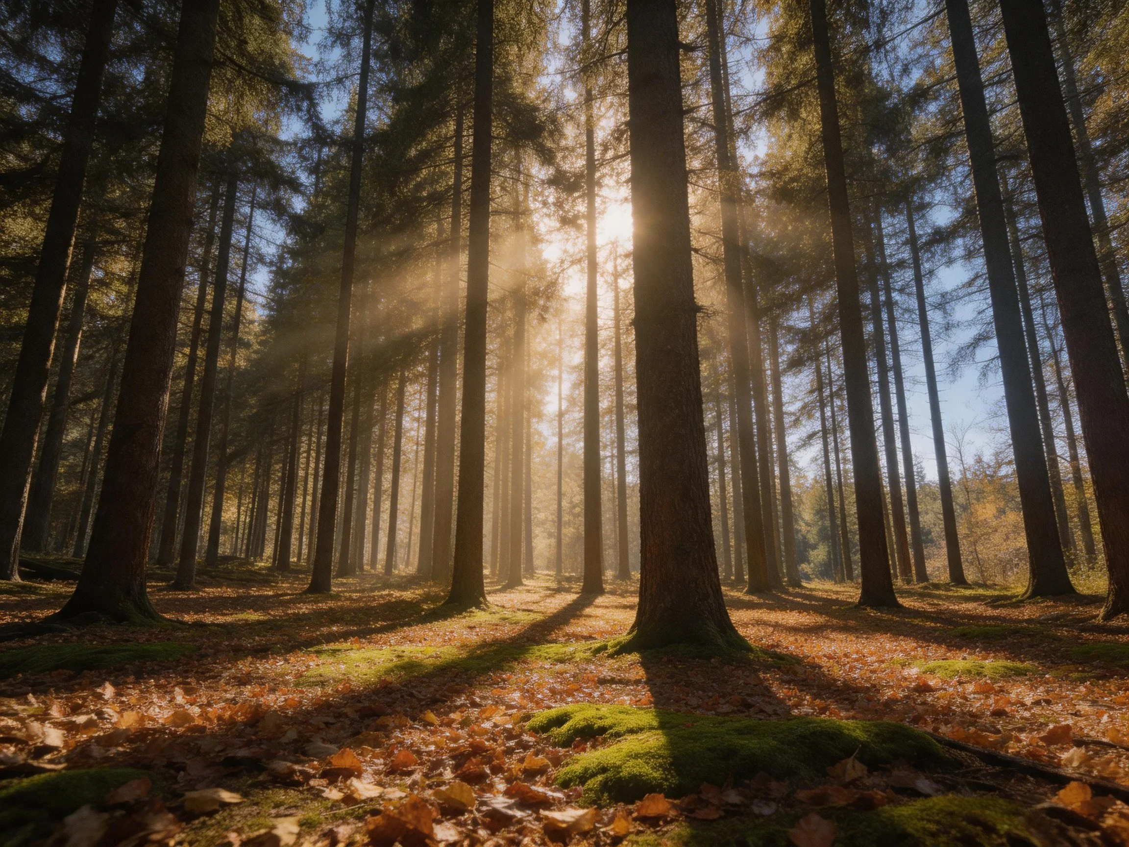 Tall evergreen trees in sunlit autumn forest with golden foliage