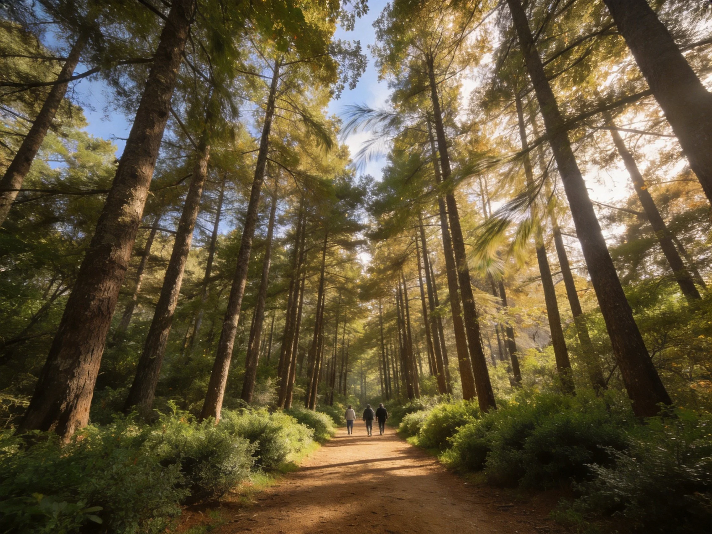 Tall evergreen trees shade a sunlit forest path with two walkers