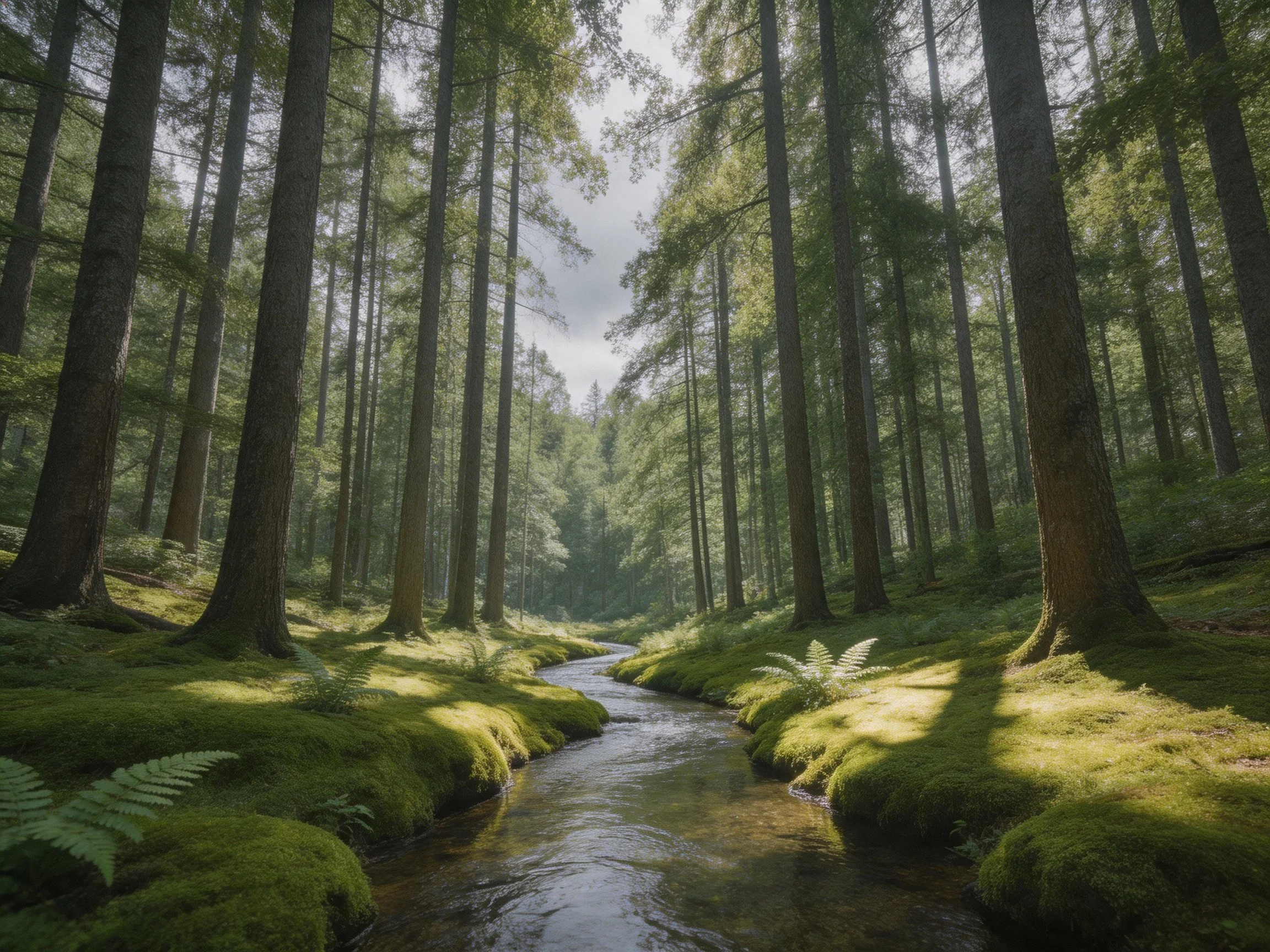 Tall evergreen trees surround a winding stream with lush green moss