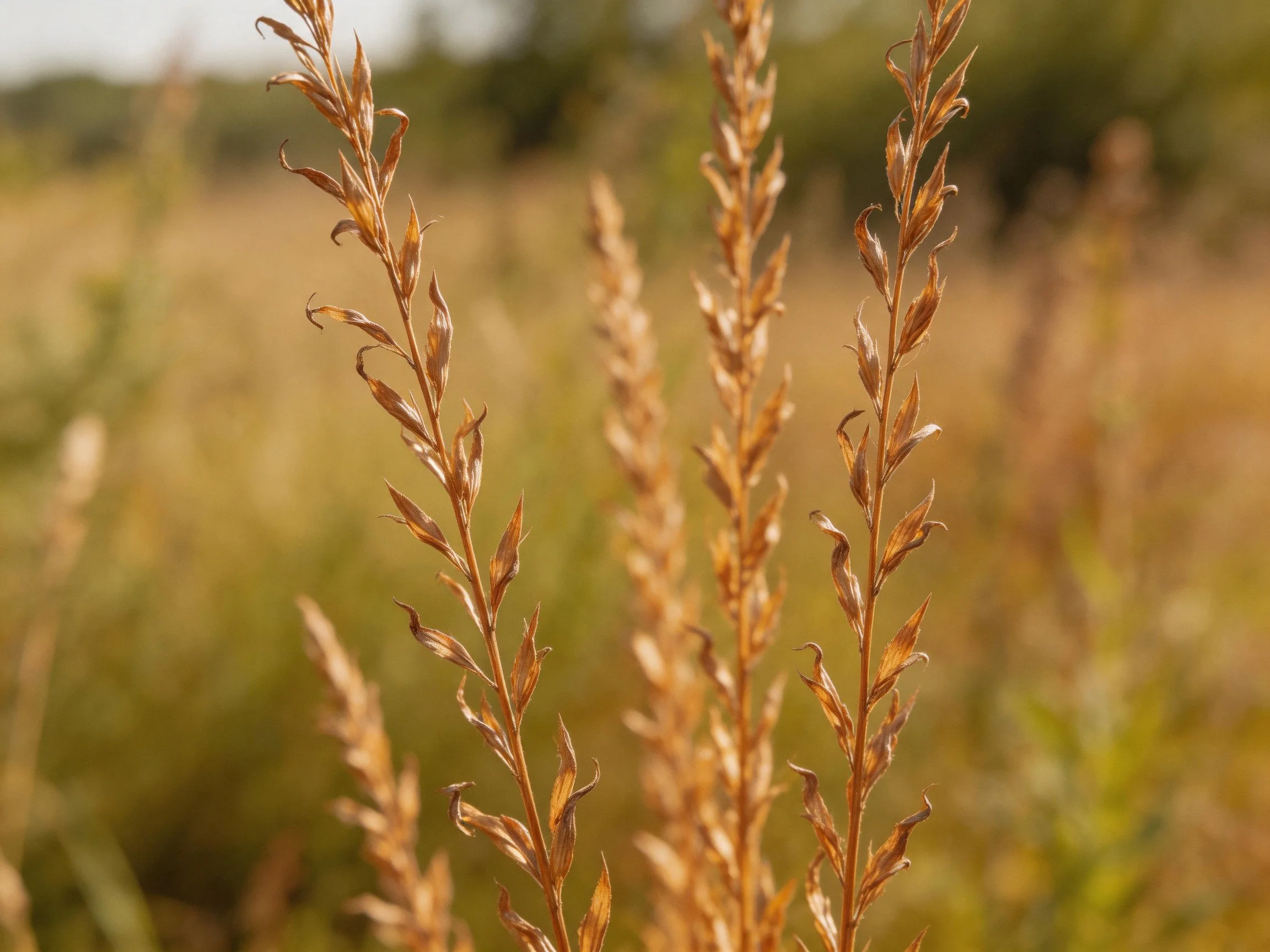 Tall golden-brown grass stalks sway in a sunlit meadow