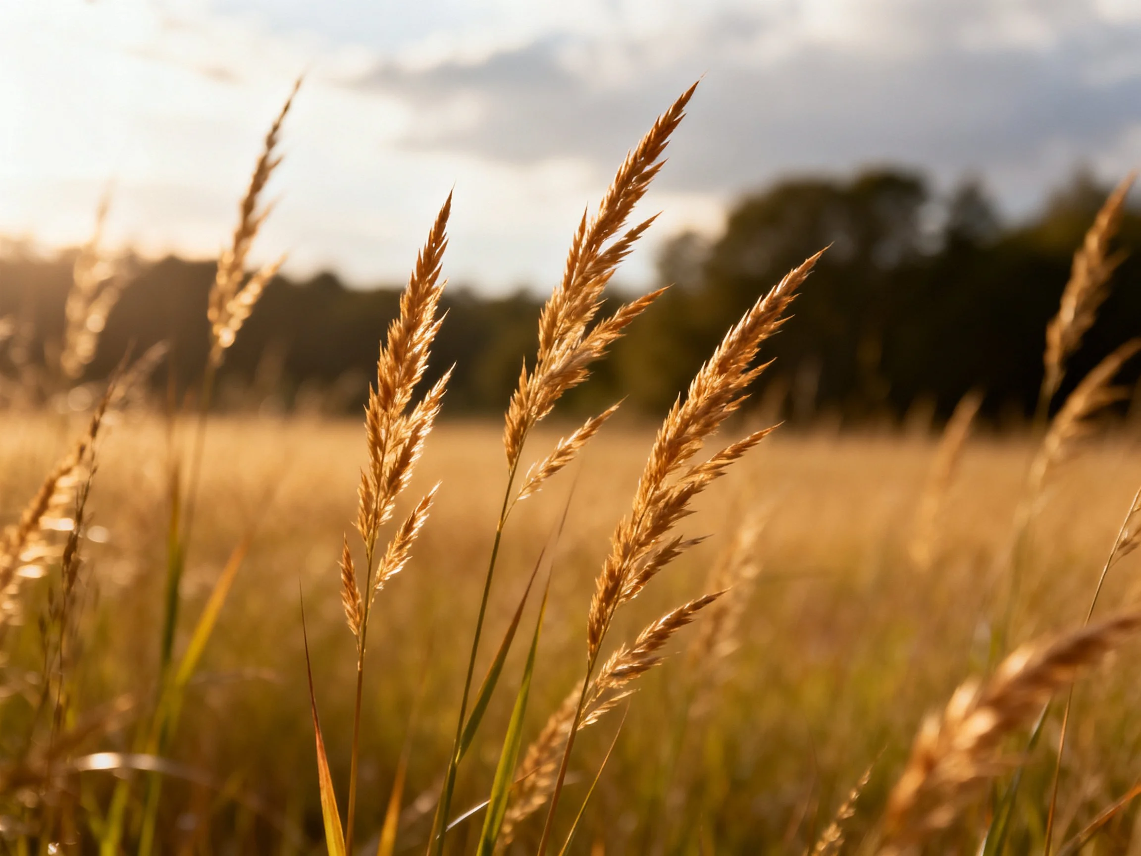 Tall golden grass stalks sway in sunlit meadow