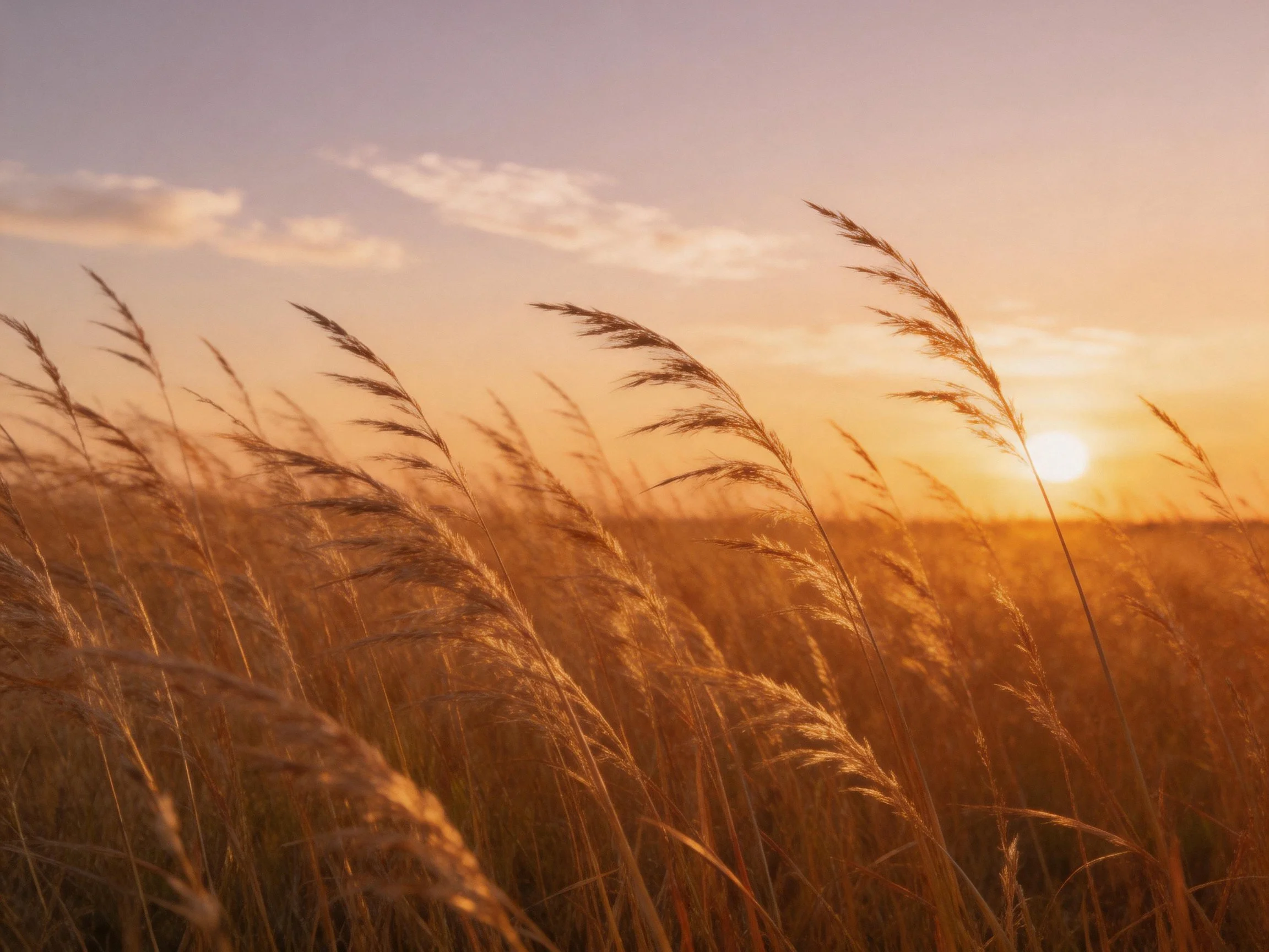Tall golden grasses illuminated by sunset glow