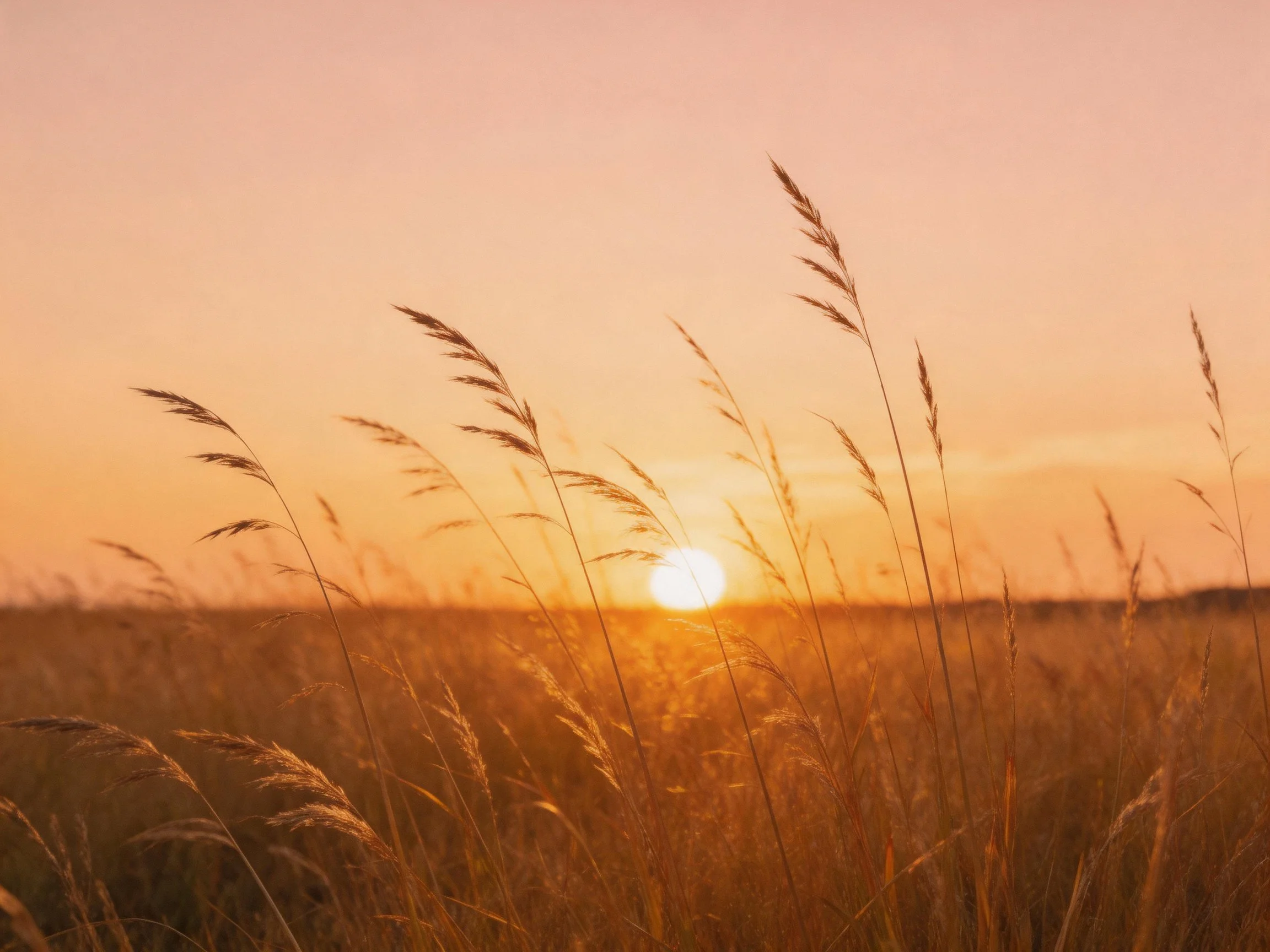 Tall golden grasses in a field under a warm sunset sky