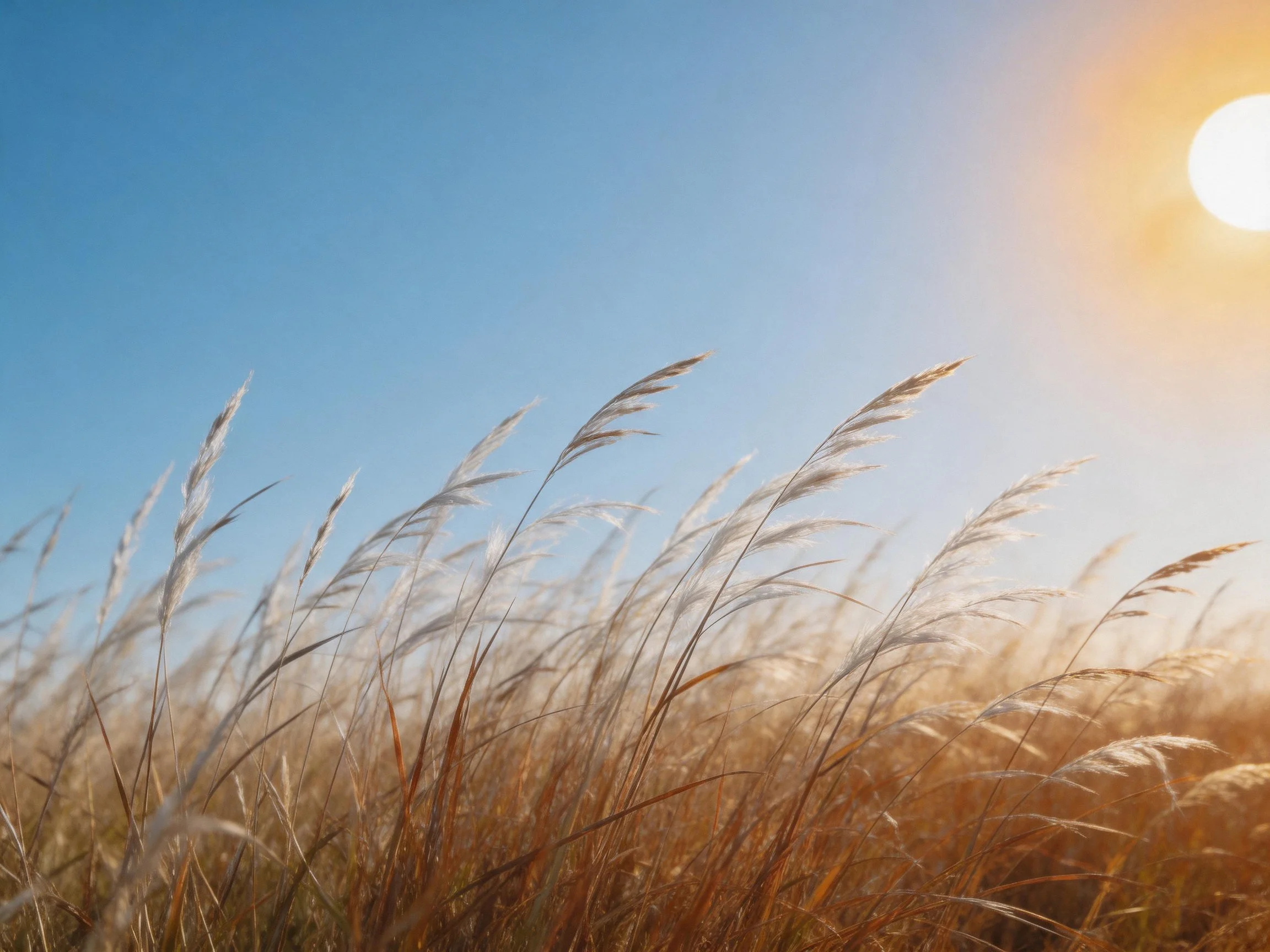 Tall golden grasses sway beneath a bright sun and clear blue sky
