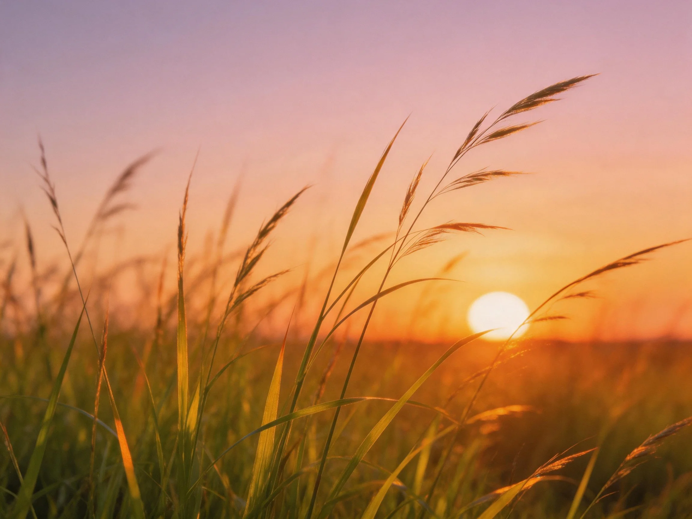 Tall grass blades sway in a warm-hued sunset over open fields