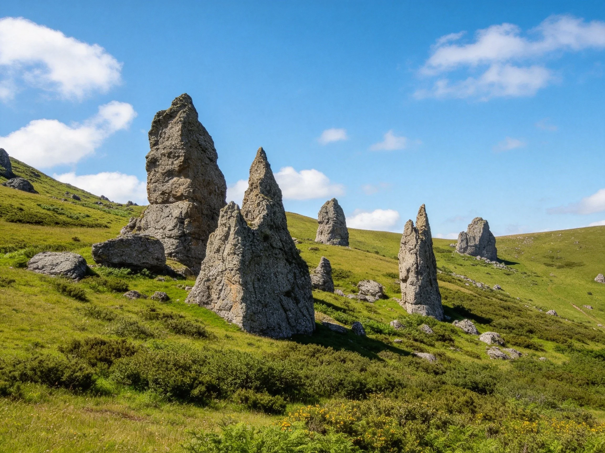 Tall gray rock formations on lush green hills under bright blue sky