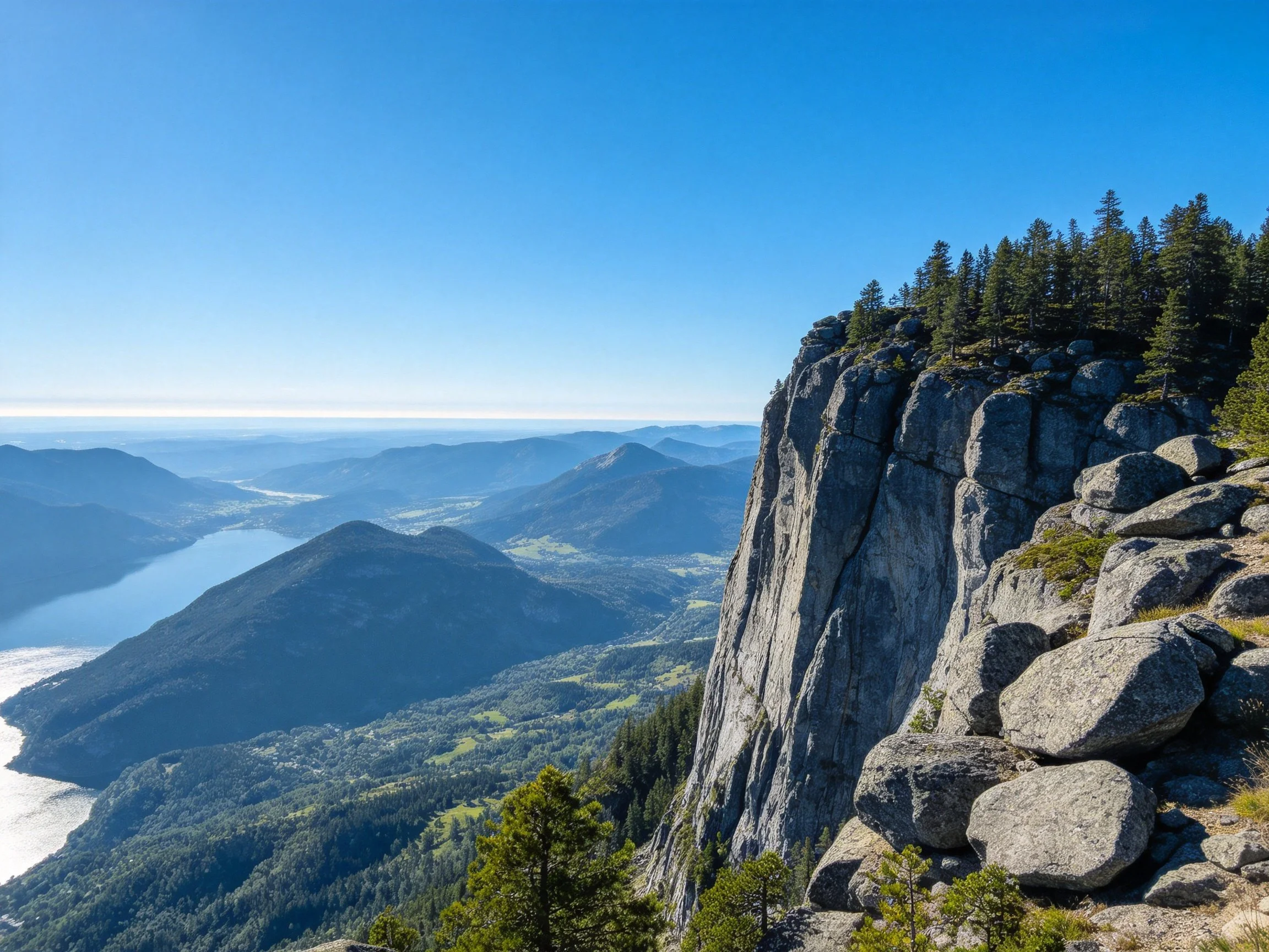 Tall gray rock formations overlook forested valley and distant lake