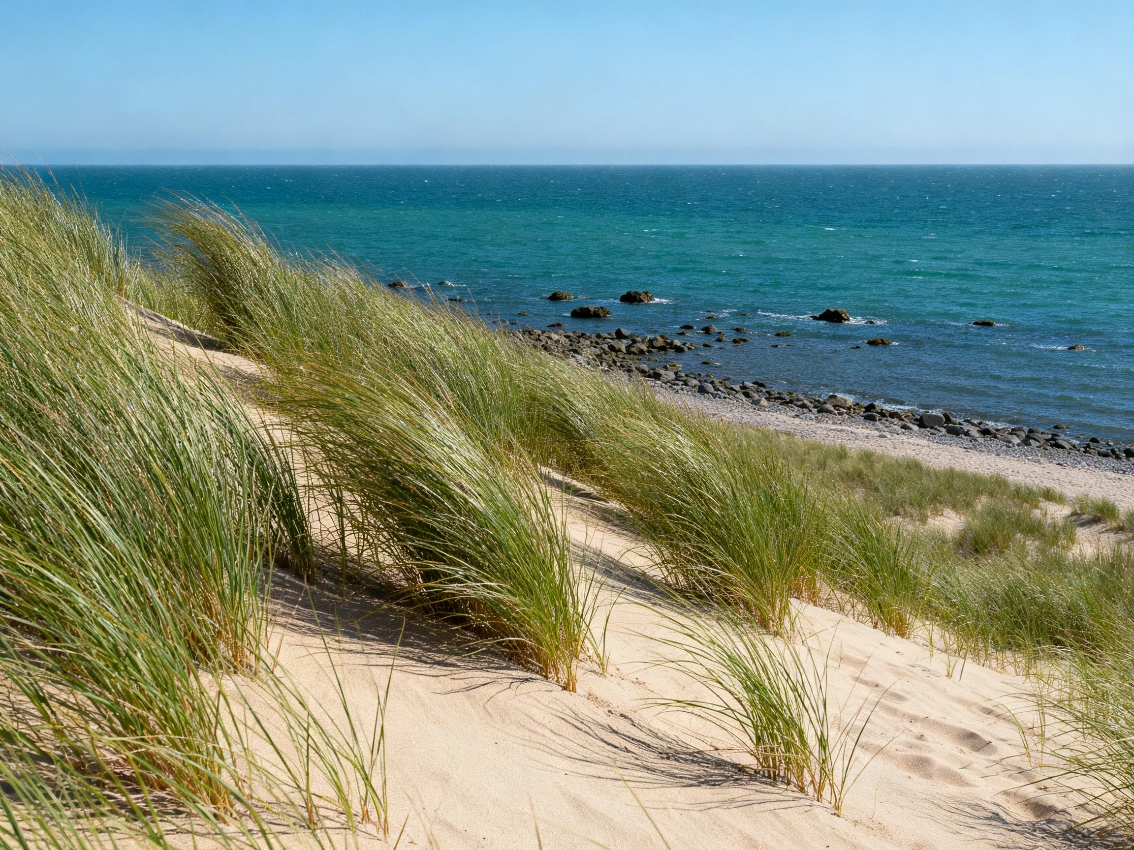 Tall green grasses on sandy dunes beside rocky shore and turquoise sea