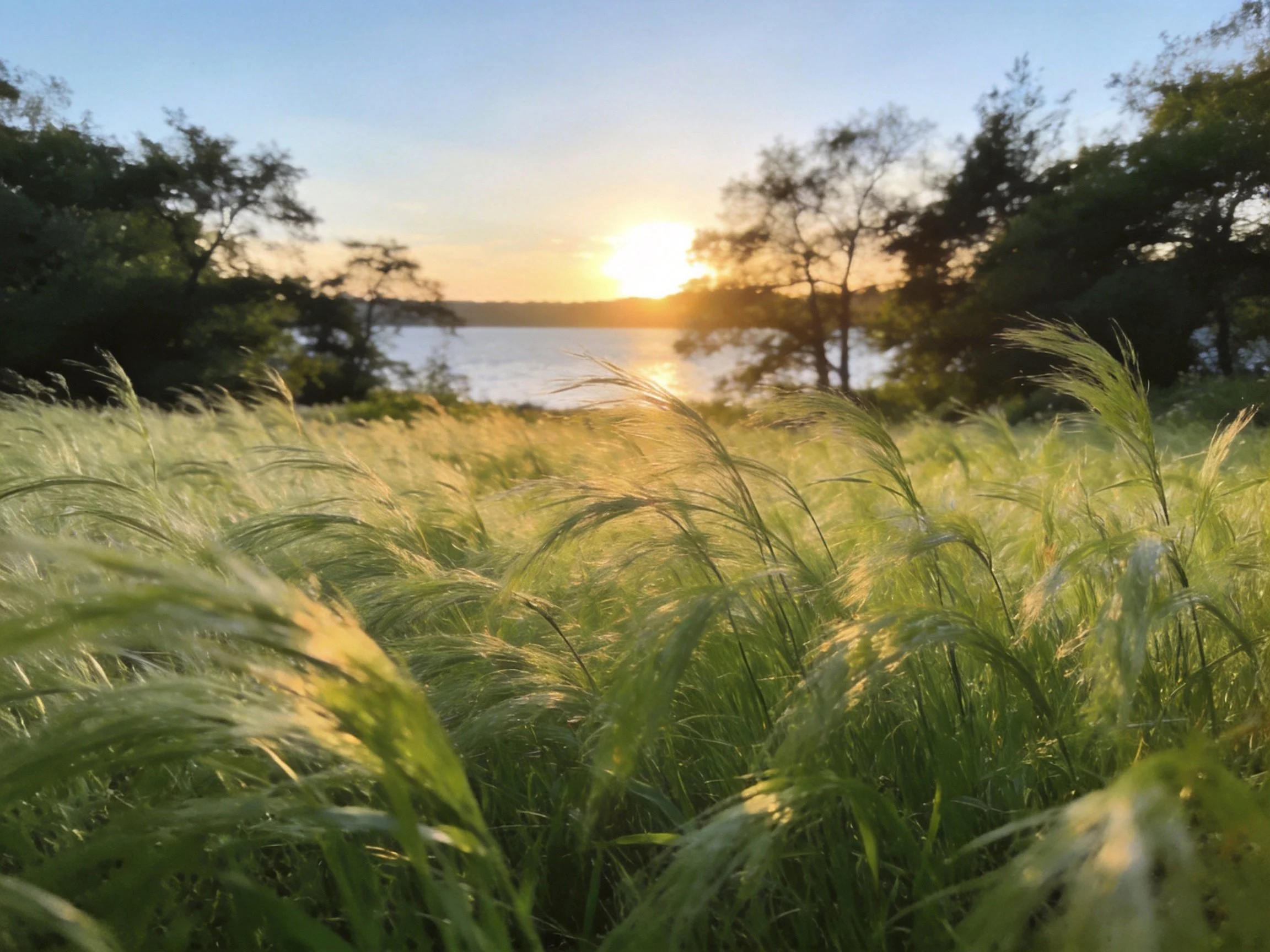 Tall green grasses sway near a calm lake at sunset