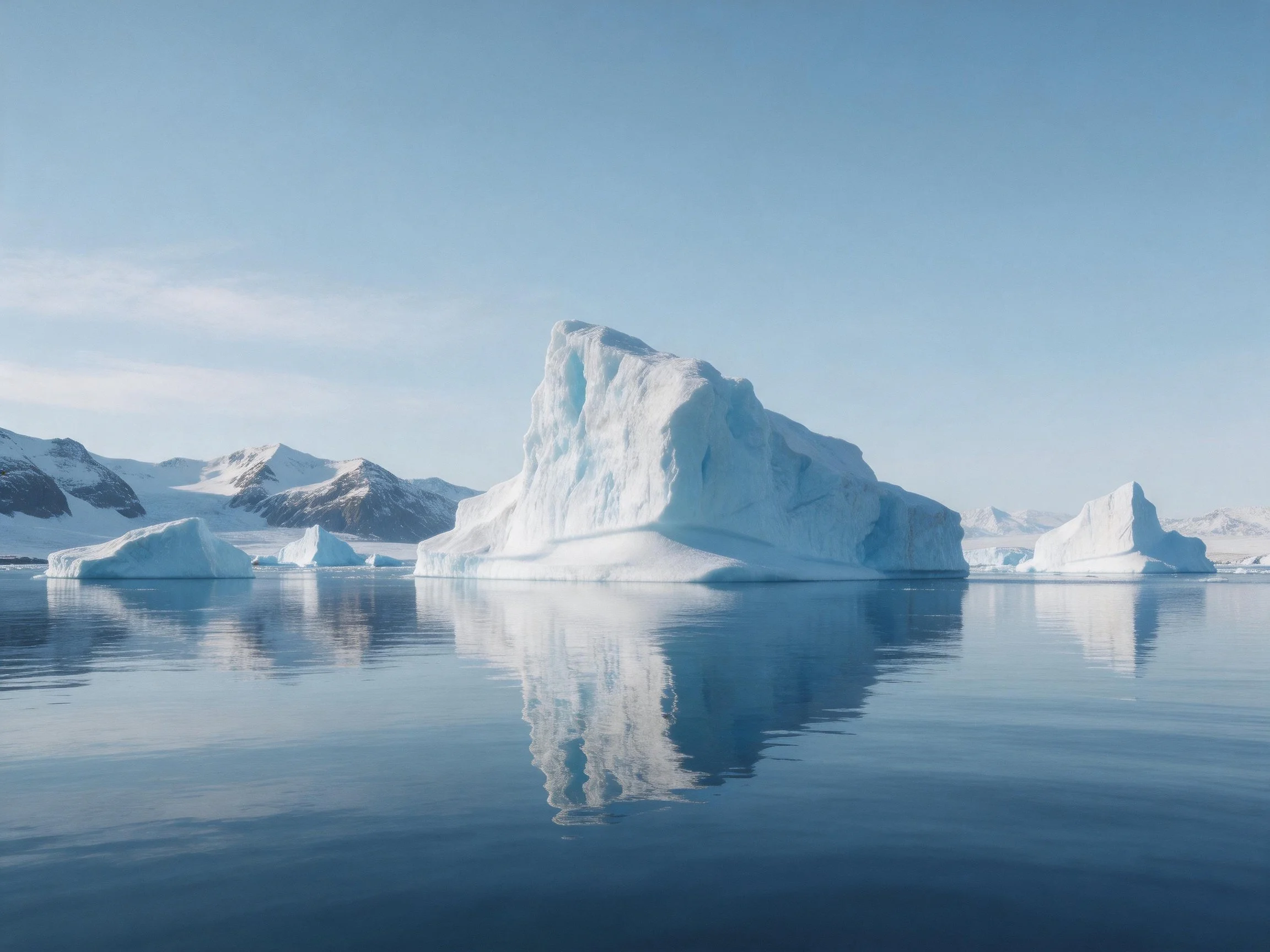 Tall icebergs float on calm water with snow-covered mountains behind