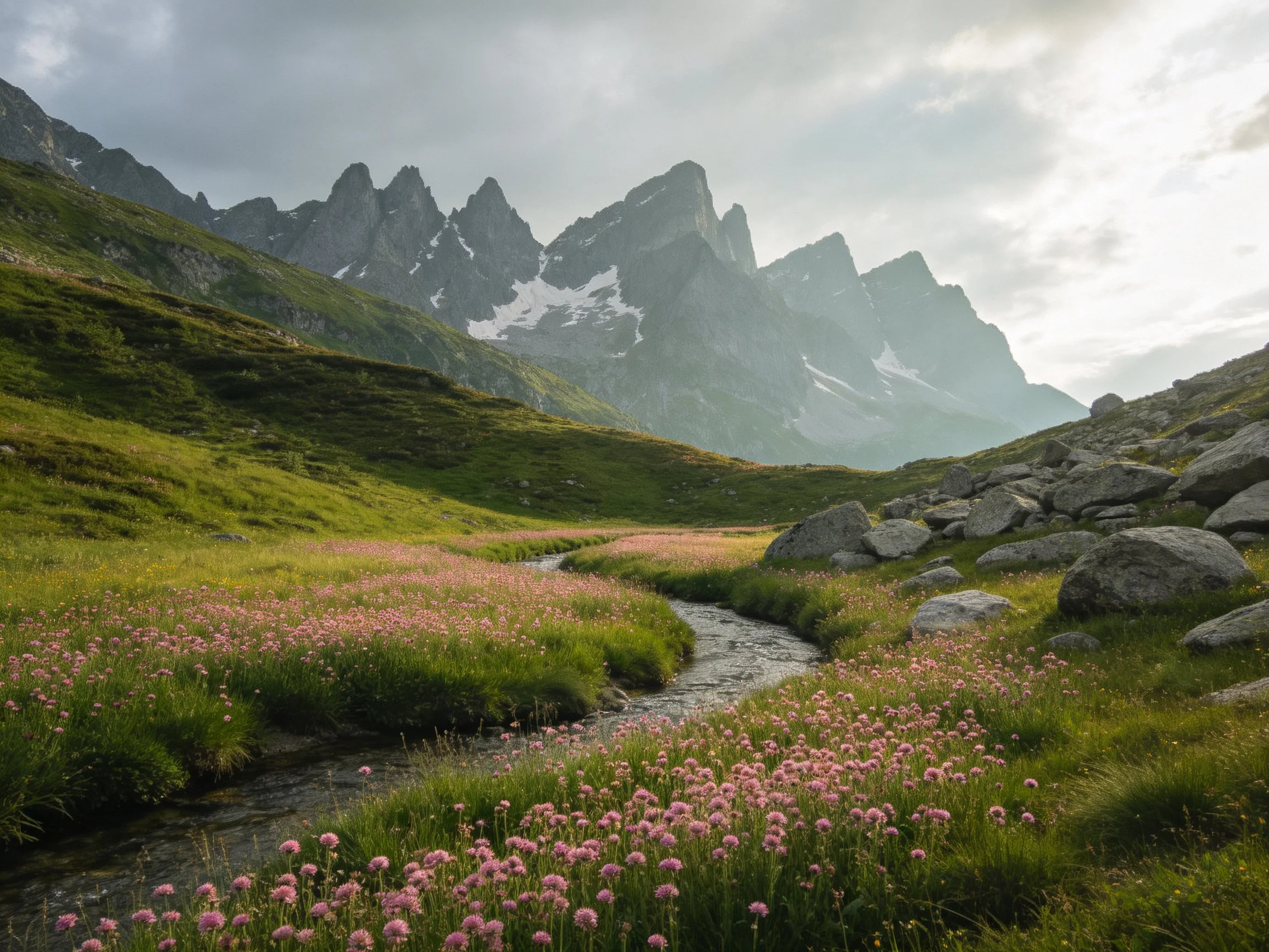 Tall jagged peaks overlook a pink-flowered meadow with a winding stream