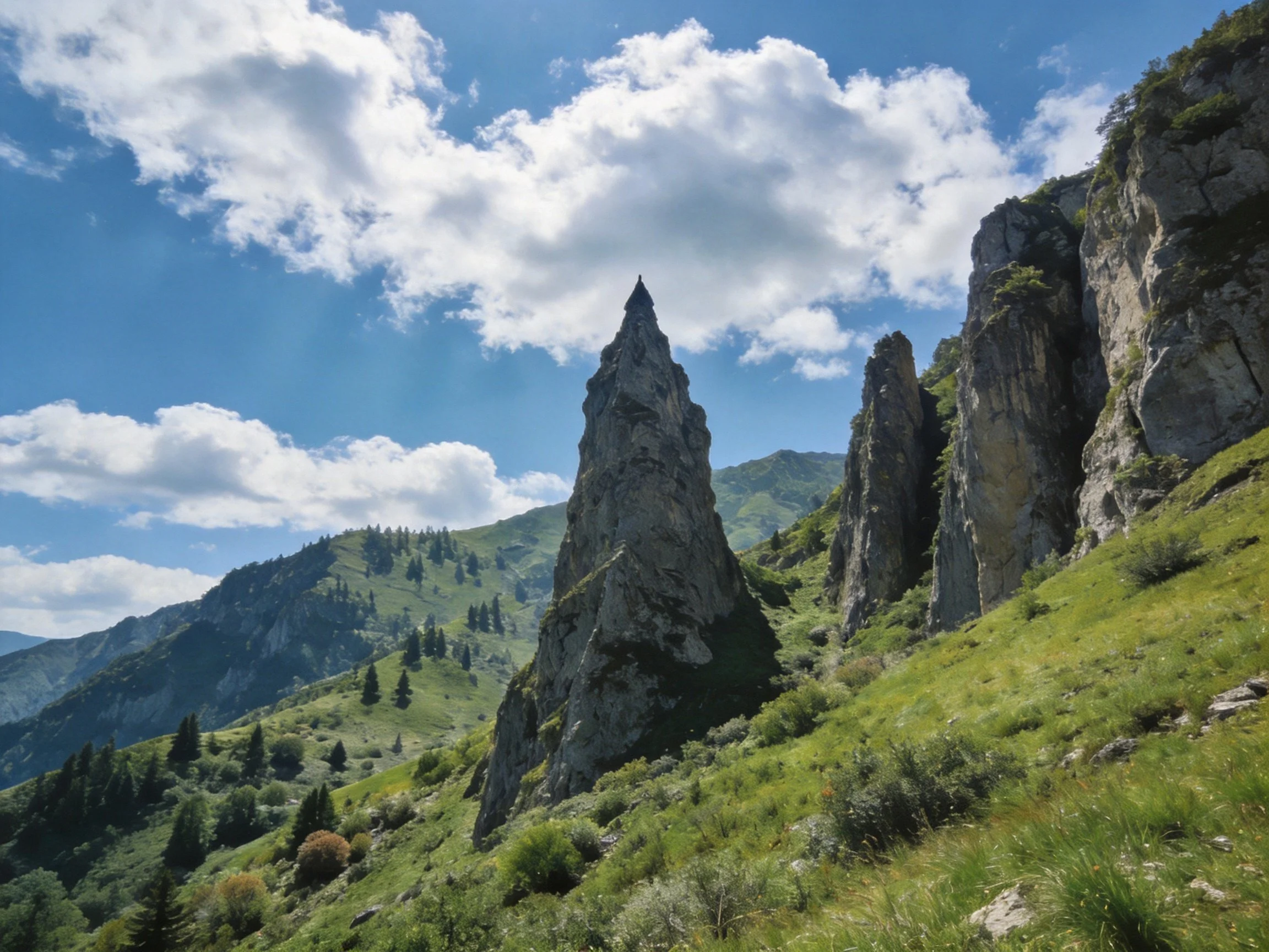 Tall jagged rock formations stand amid lush green hills and blue skies