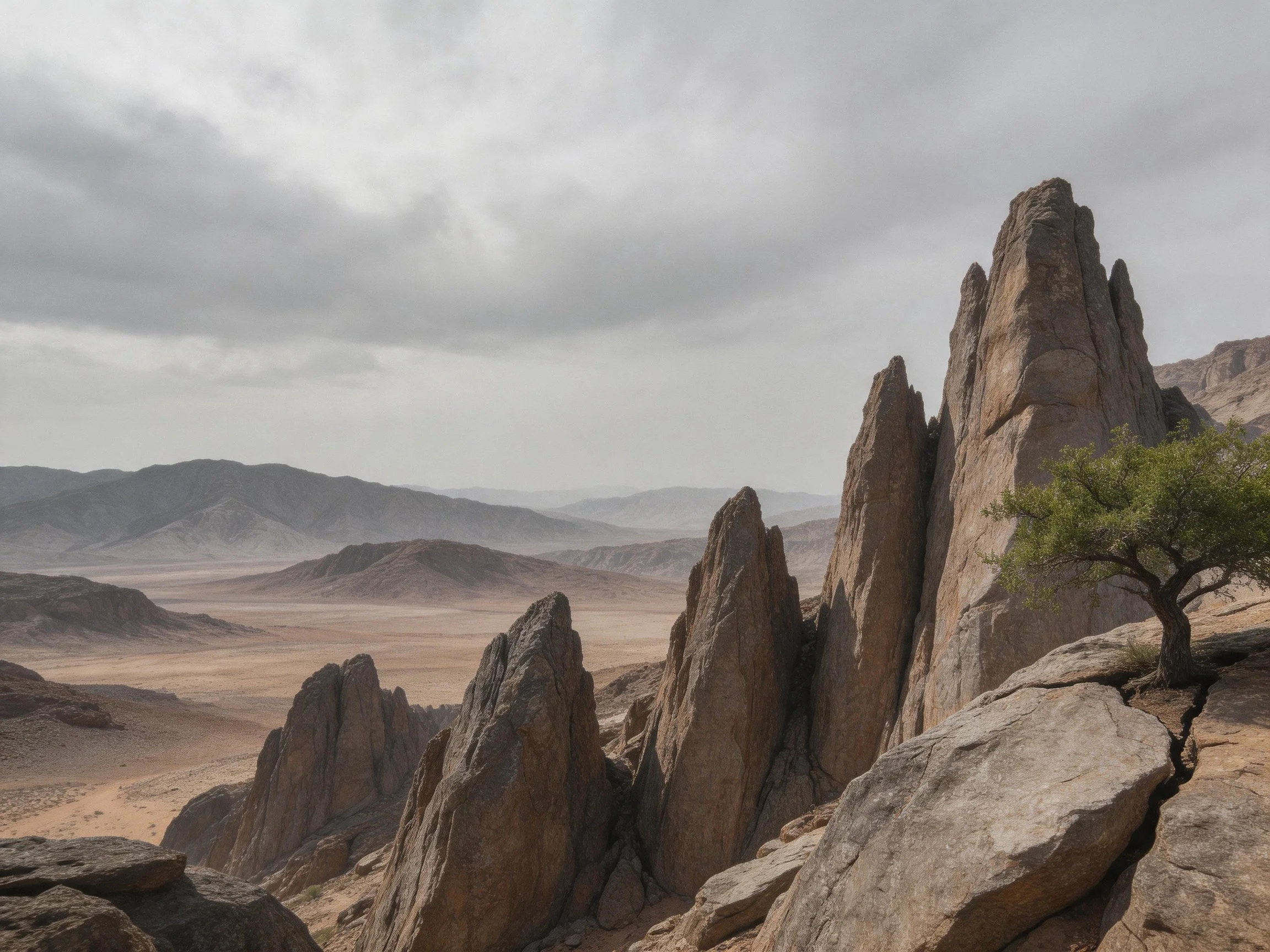 Tall jagged rock formations stand in arid desert landscape under cloudy skies