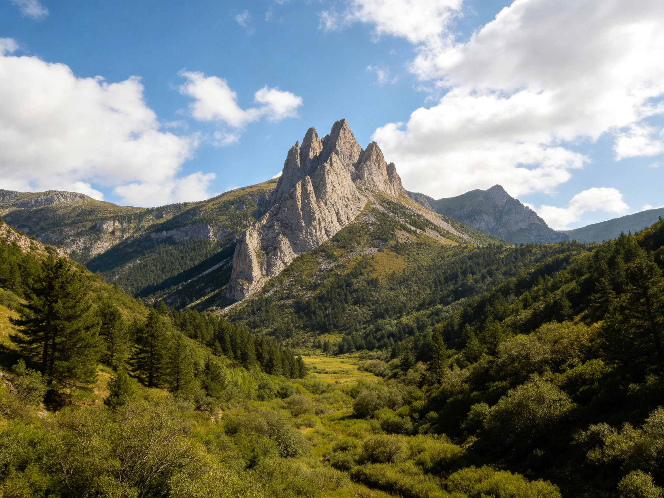 Tall jagged rock formations tower over lush forested mountain slopes