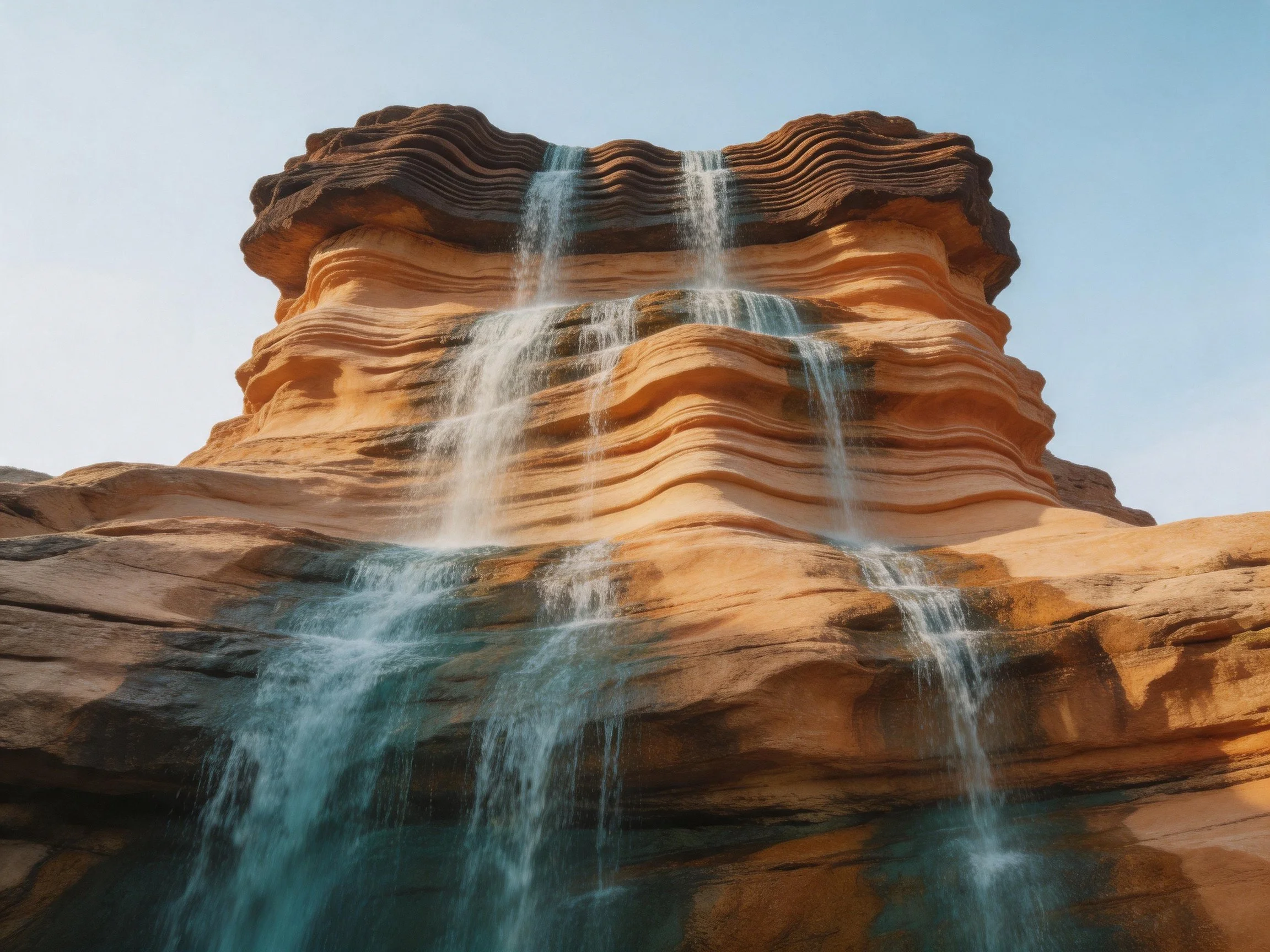 Tall layered sandstone cliffs with cascading waterfalls