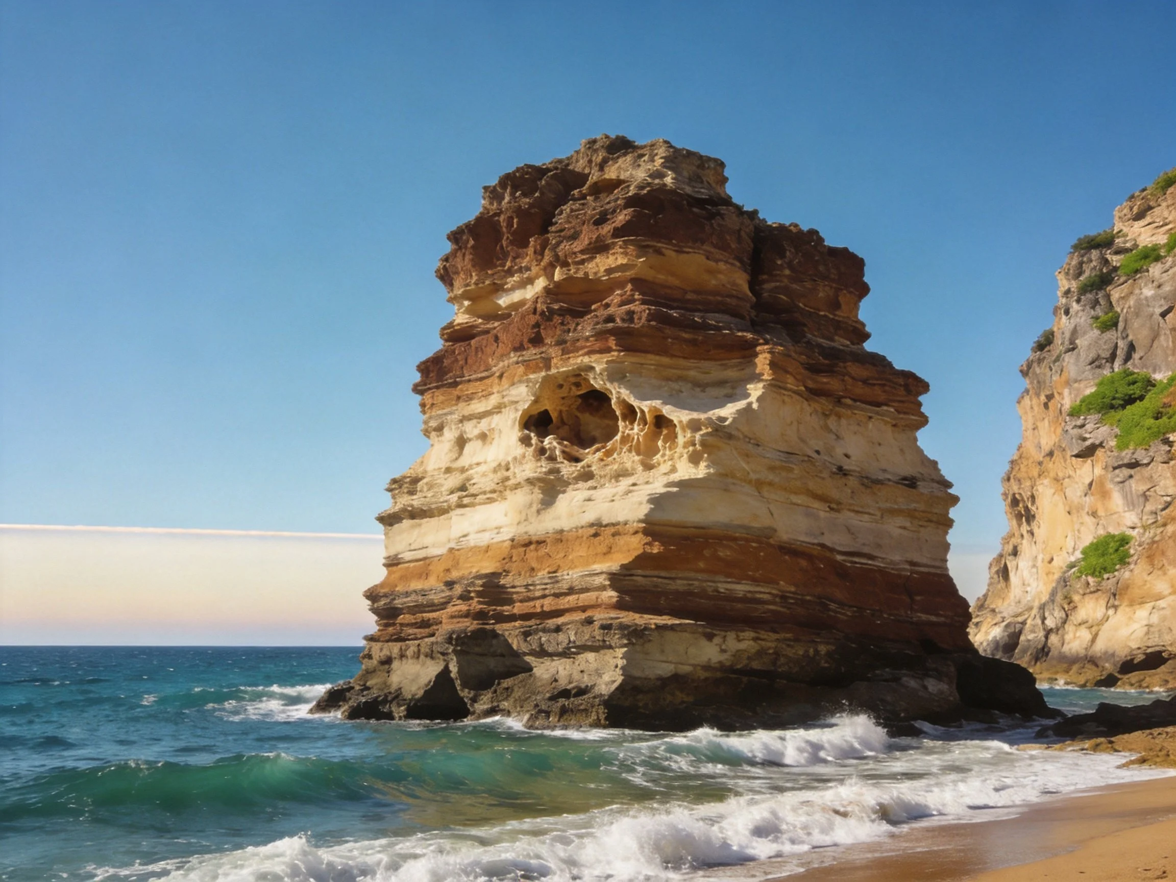 Tall layered sandstone formation by turquoise coastal waters