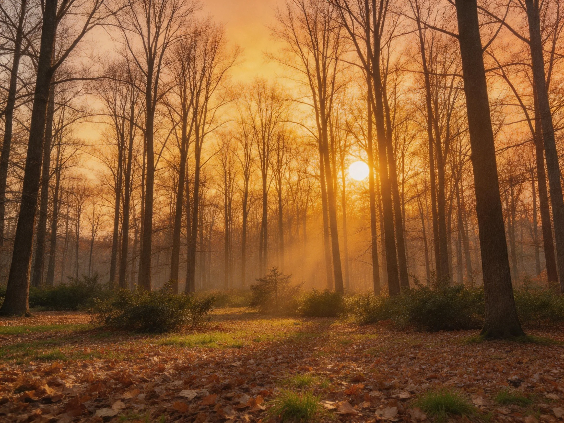 Tall leafless trees in golden autumn forest