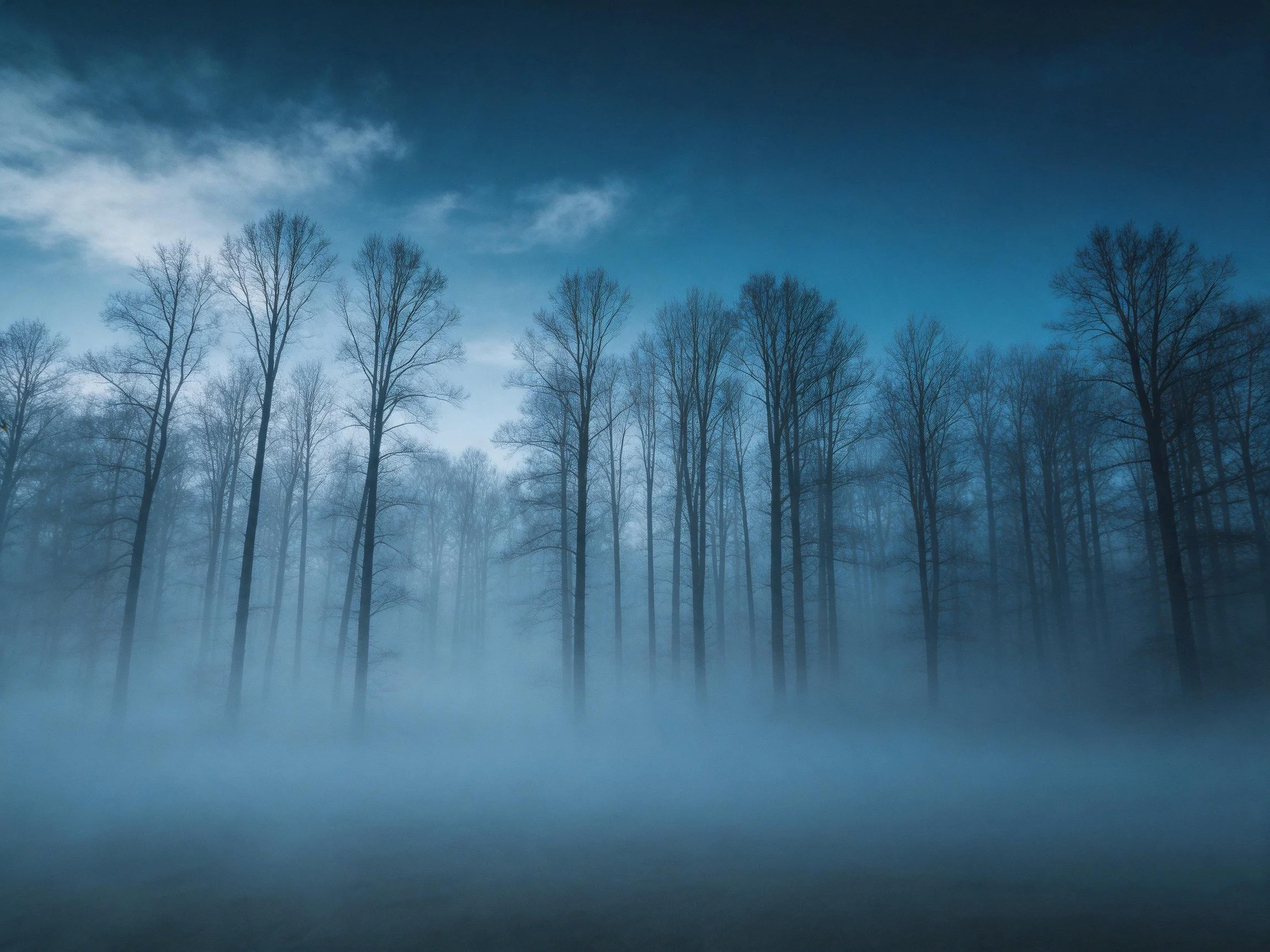 Tall leafless trees in misty blue forest landscape
