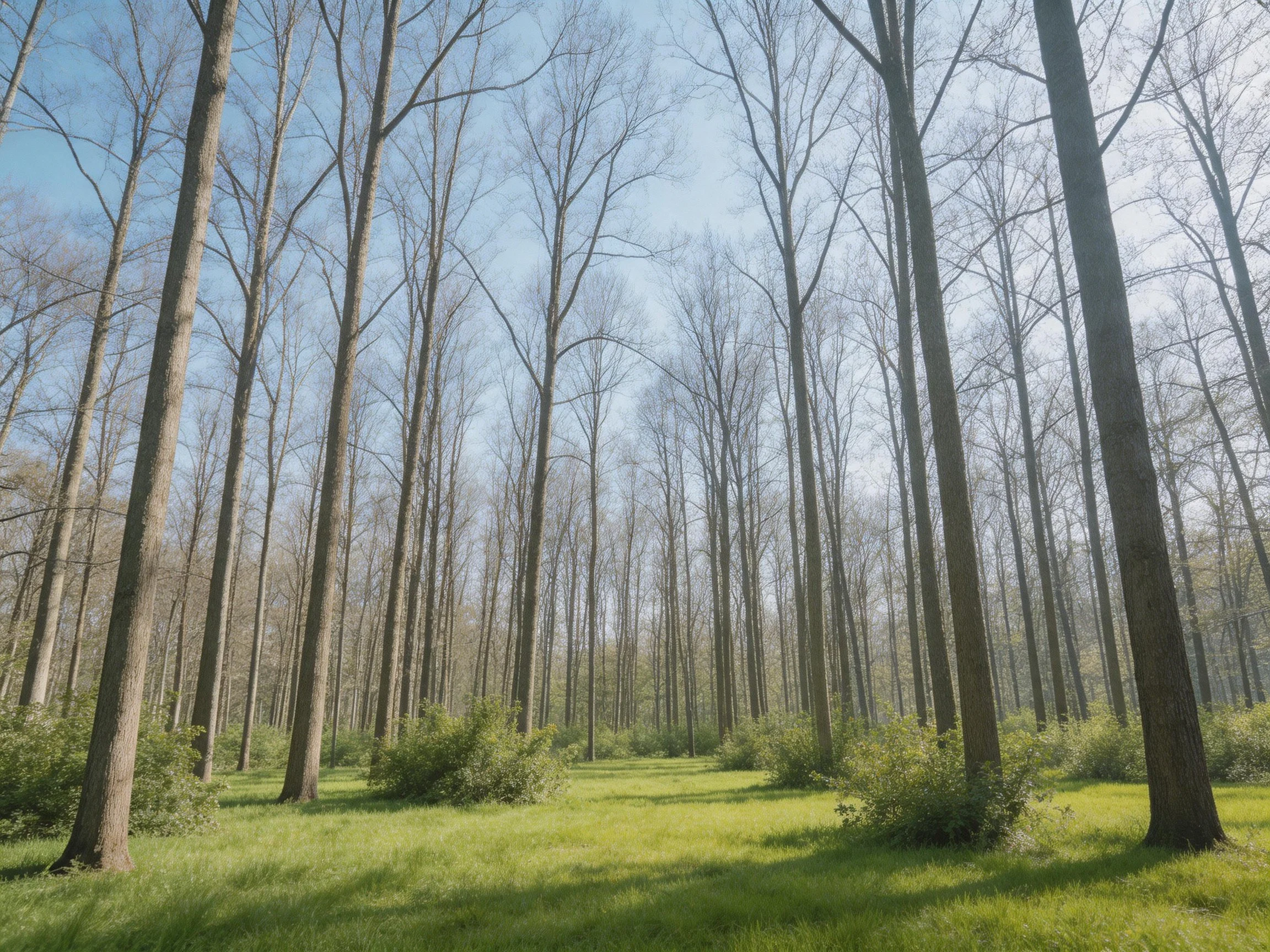 Tall leafless trees stand among lush green meadow under clear blue sky