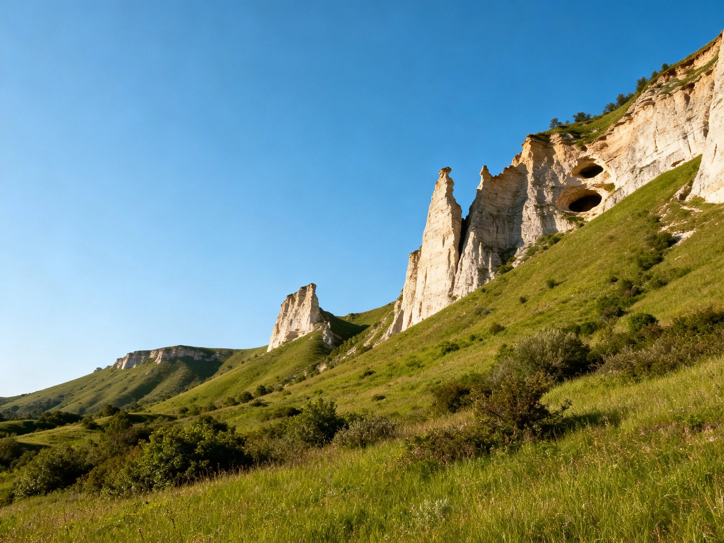 Tall limestone cliffs rise over lush green slopes beneath clear blue sky
