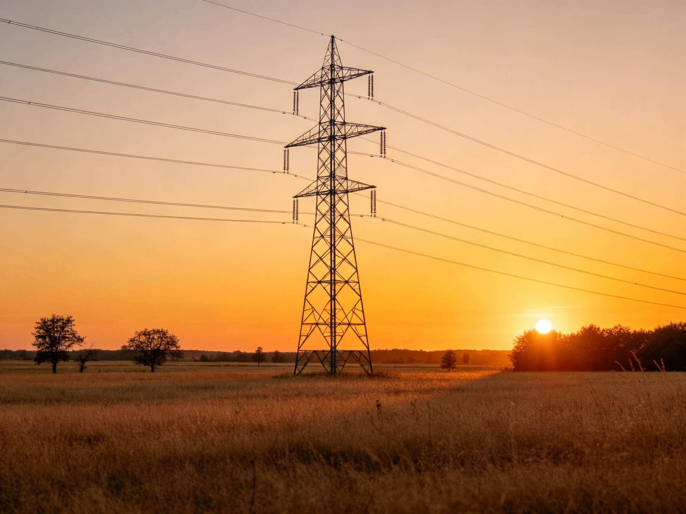 Tall metal power tower against golden sunset sky over open field