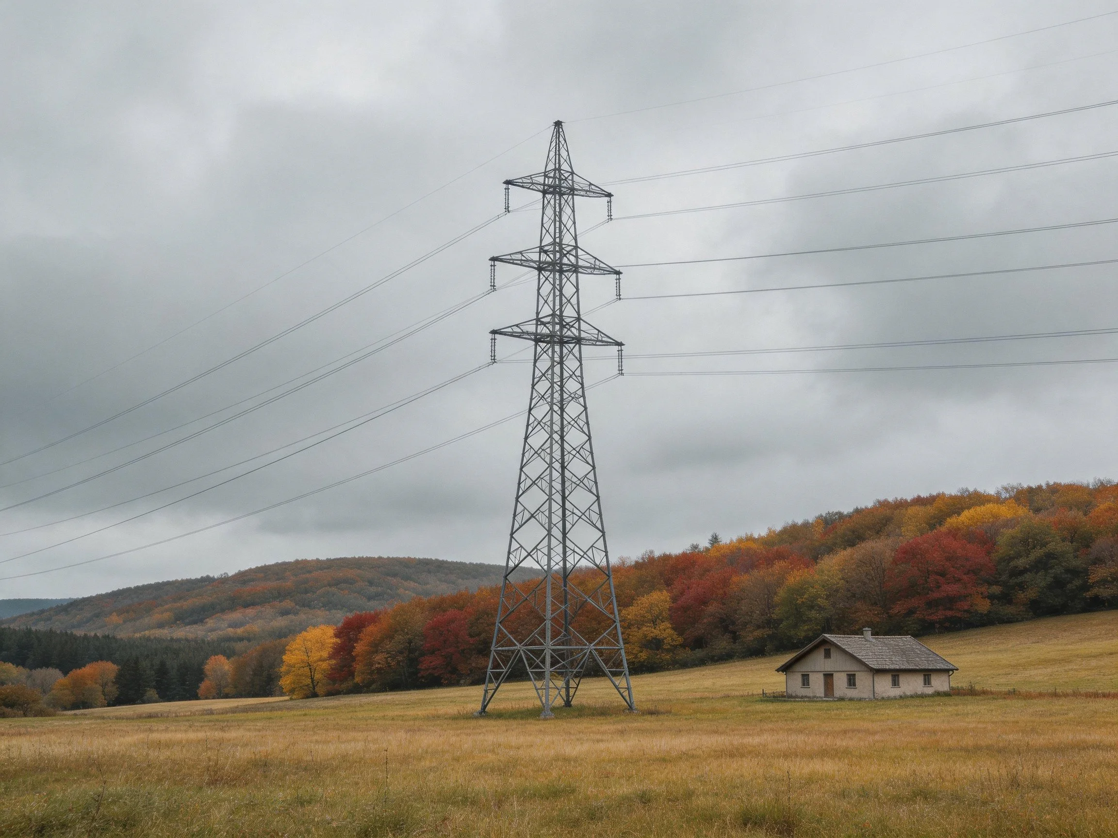 Tall metal power tower near a small house with autumn foliage