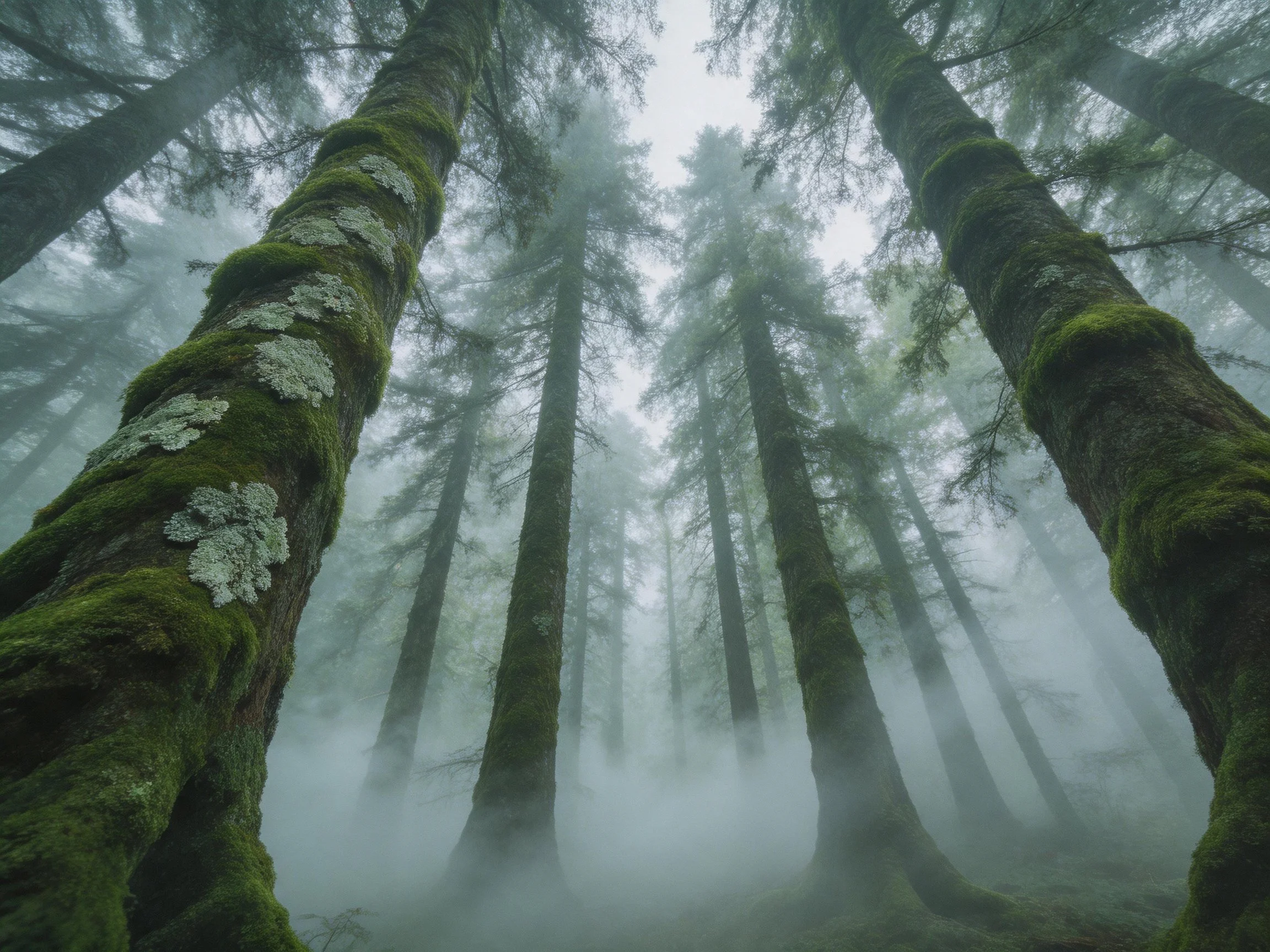 Tall moss-covered trees in a misty, foggy forest landscape