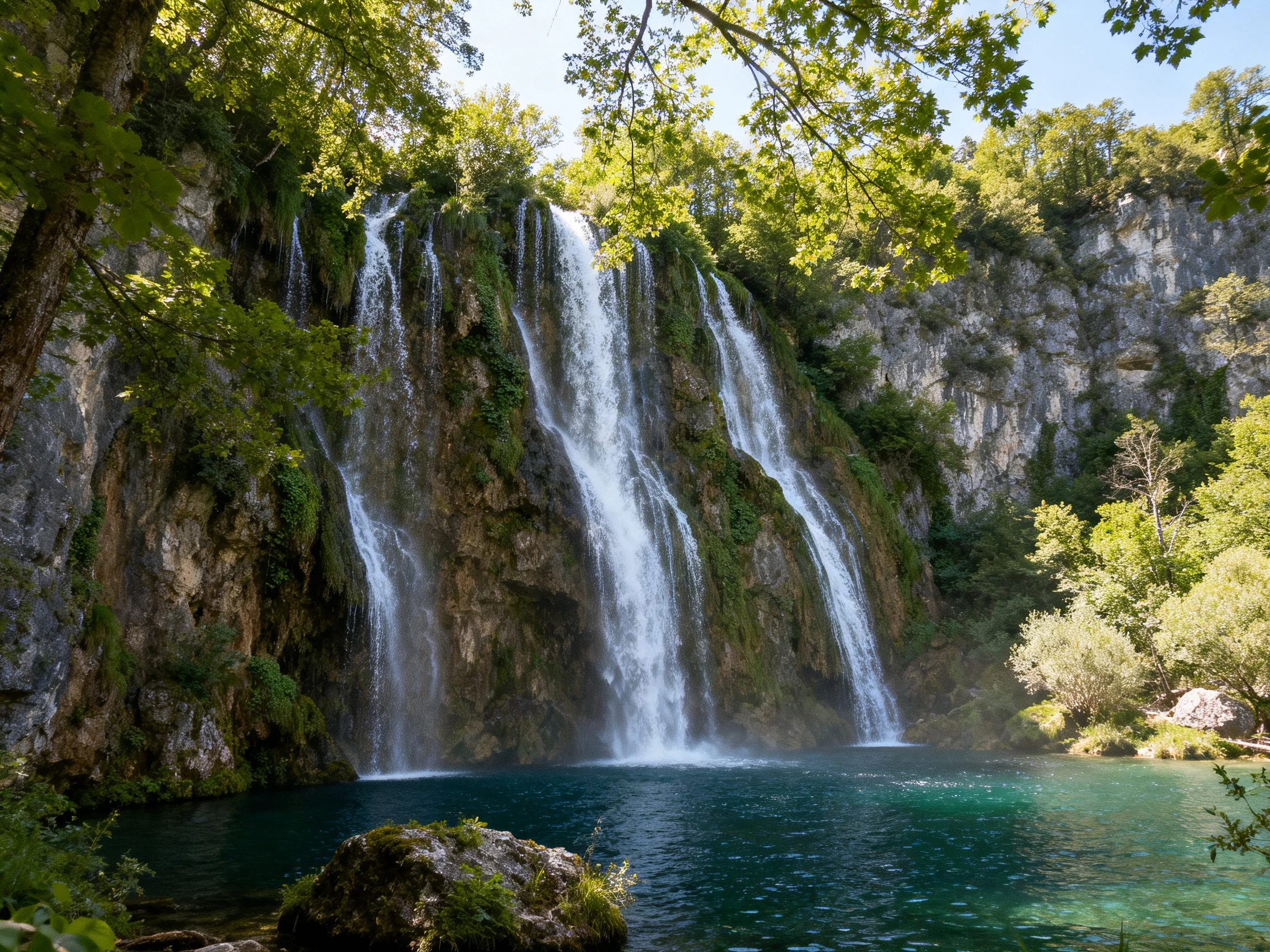 Tall multi-tiered waterfall cascades over rocky cliffs into turquoise pool
