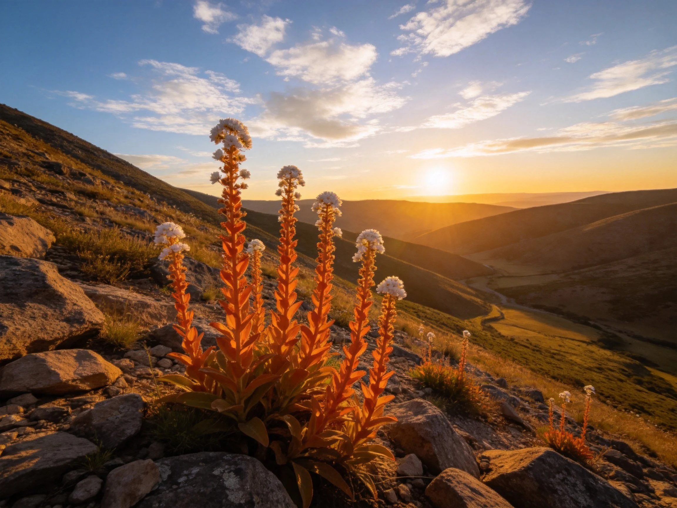 Tall orange flowering plants on rocky mountain slope at sunset