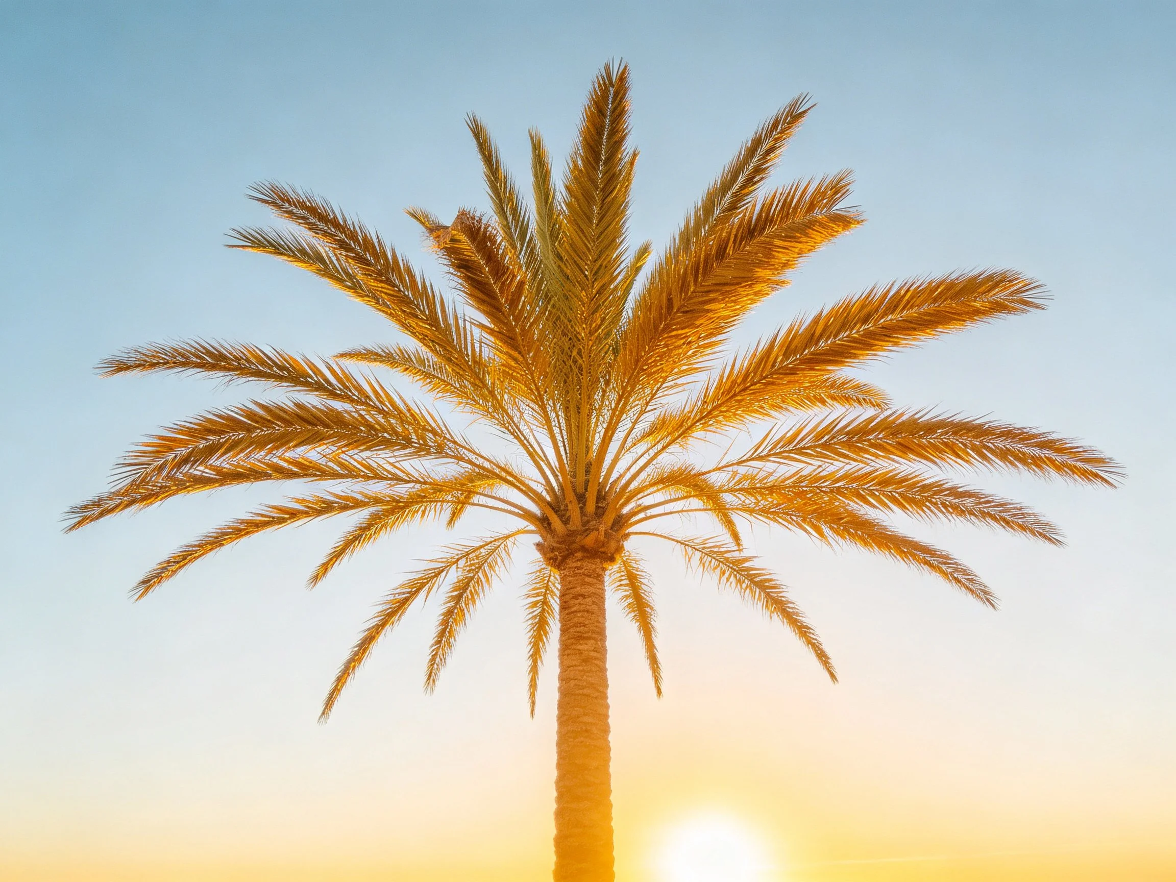 Tall palm tree bathed in golden sunset hues