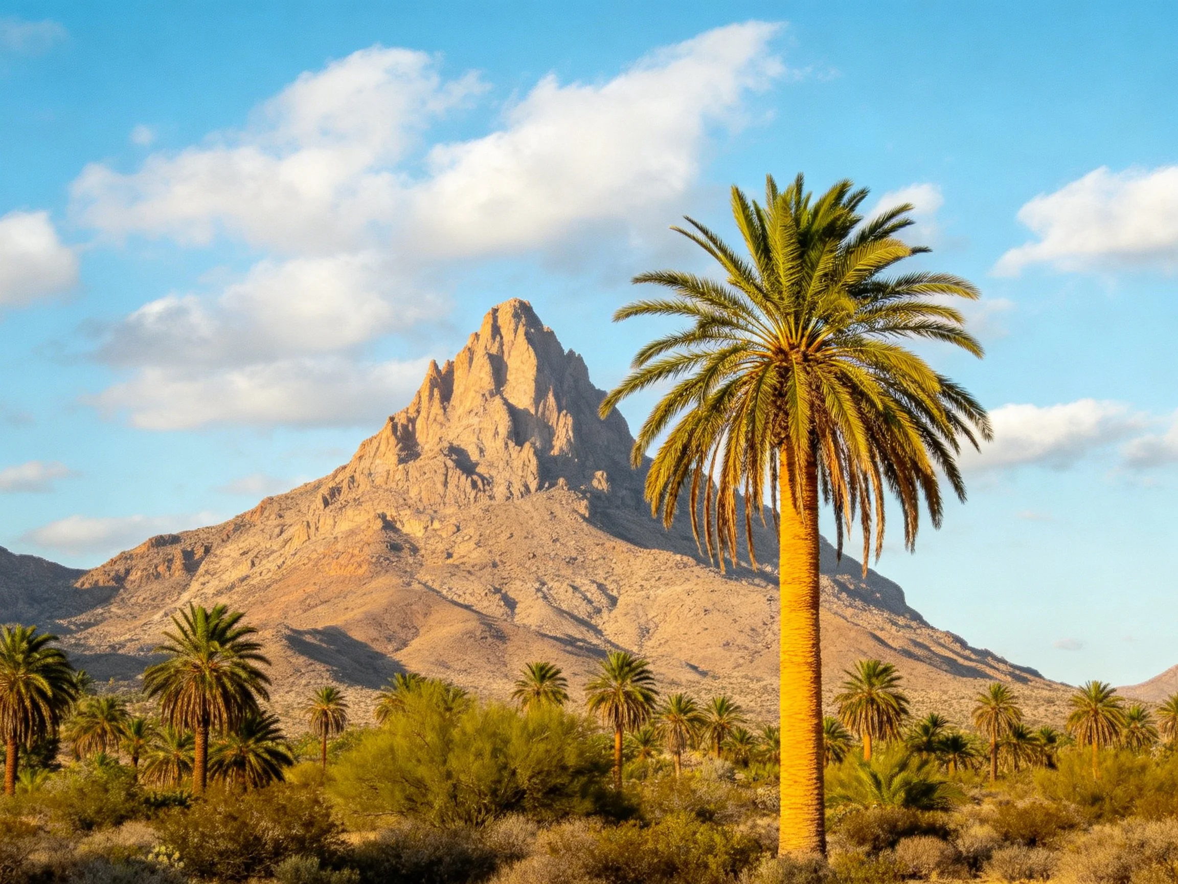 Tall palm tree in desert with rocky mountain backdrop