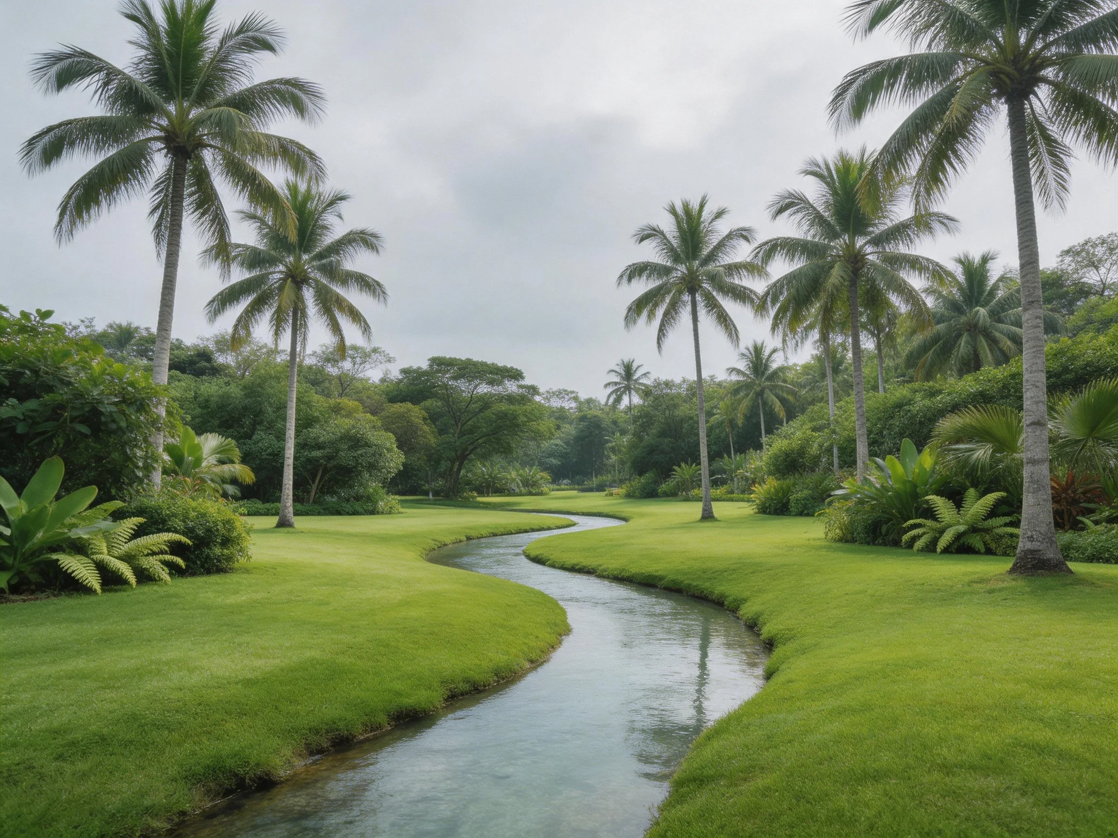 Tall palm trees beside winding stream in lush green landscape