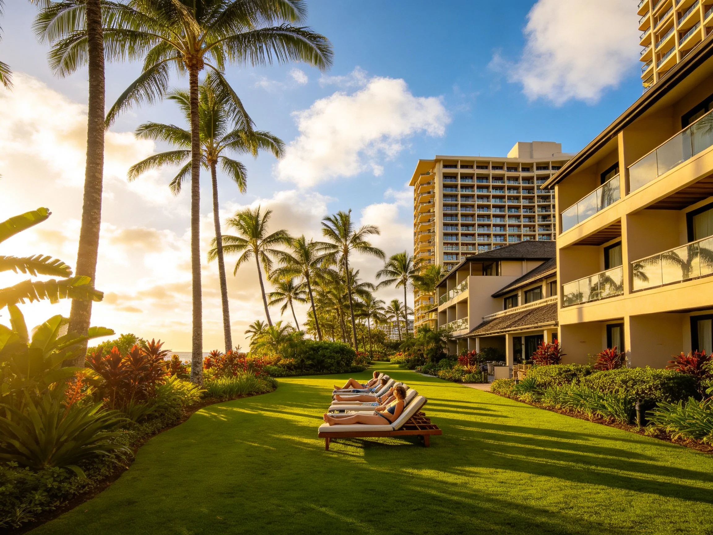 Tall palm trees, lounge chairs, and resort buildings bathed in golden sunlight