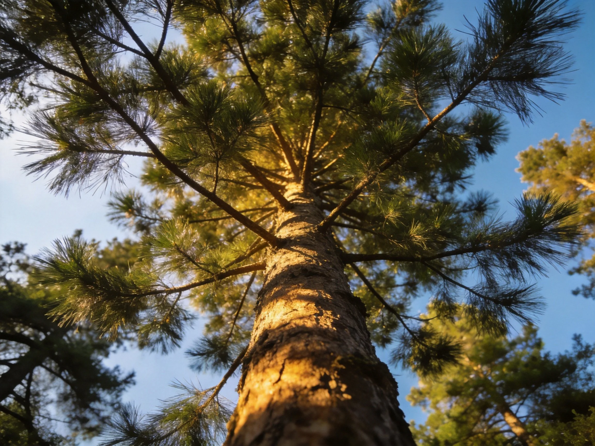 Tall pine tree viewed upward, golden sunlight illuminates bark