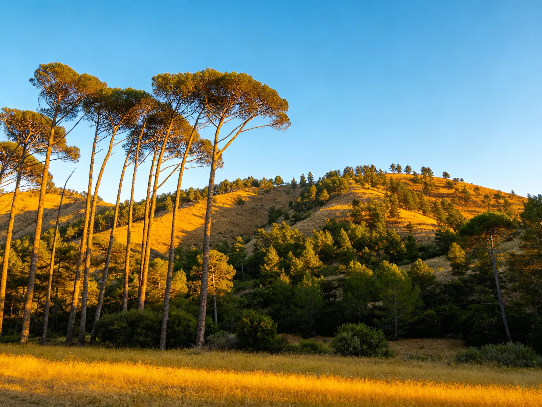 Tall pine trees beside golden hilly terrain with clear blue sky
